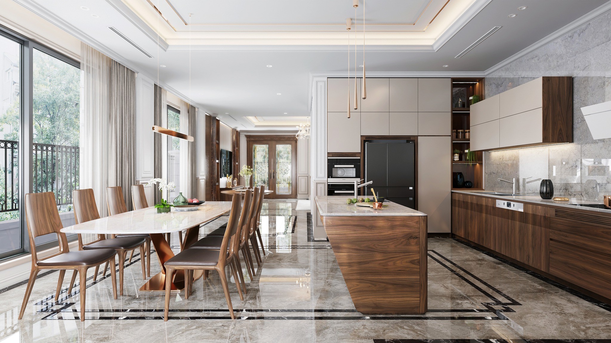 Thiết kế nội thất phòng bếp hiện đại với bàn đảo và bàn ăn 8 ghế mặt đá