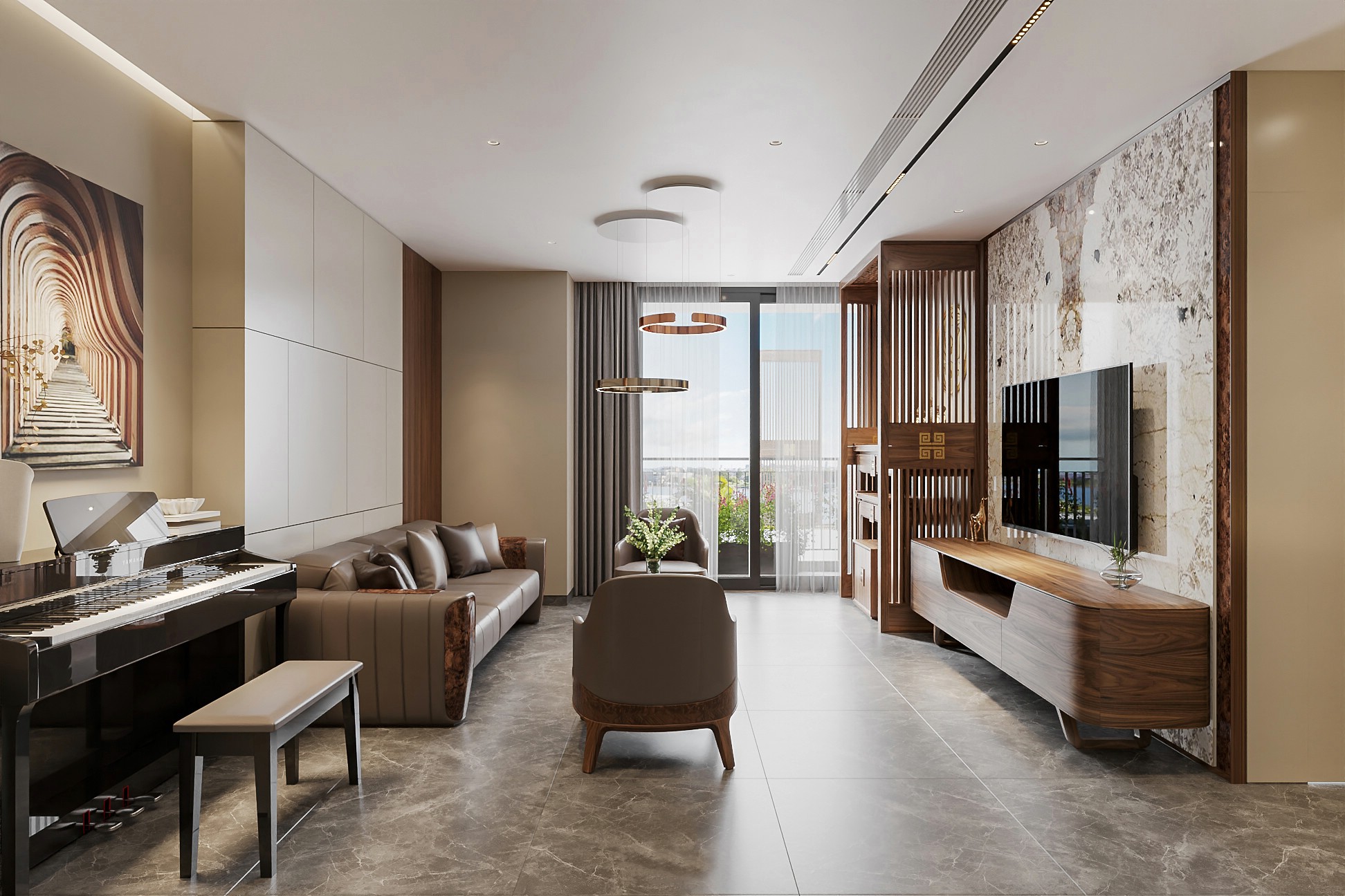 Thiết kế nội thất phòng khách chung cư gỗ tự nhiên và đá Onyx