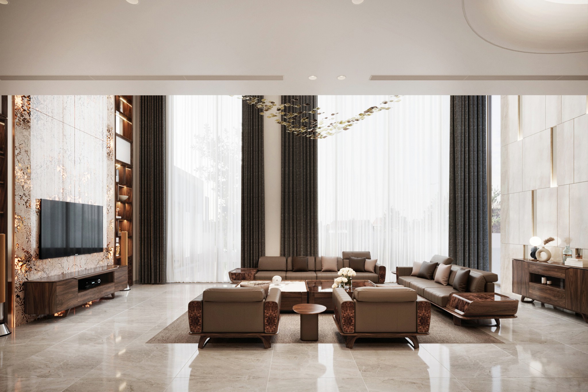 Thiết kế nội thất phòng khách đẹp thông tầng gỗ óc chó