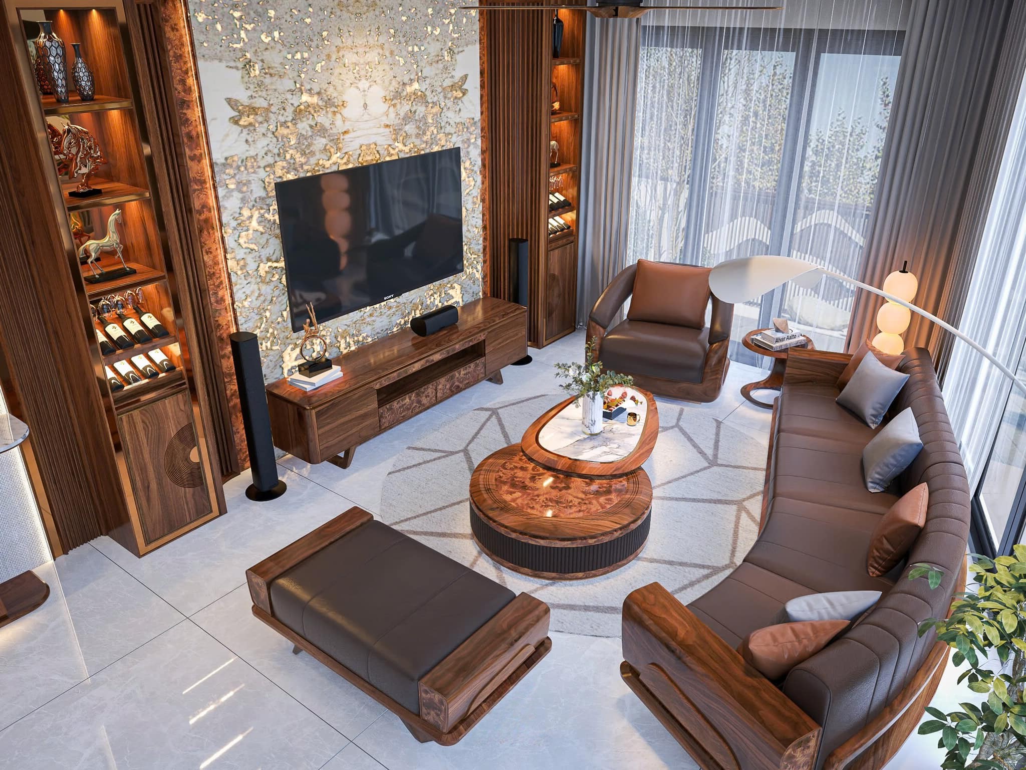 Thiết kế nội thất phòng khách hiện đại tông nâu trầm sang trọng