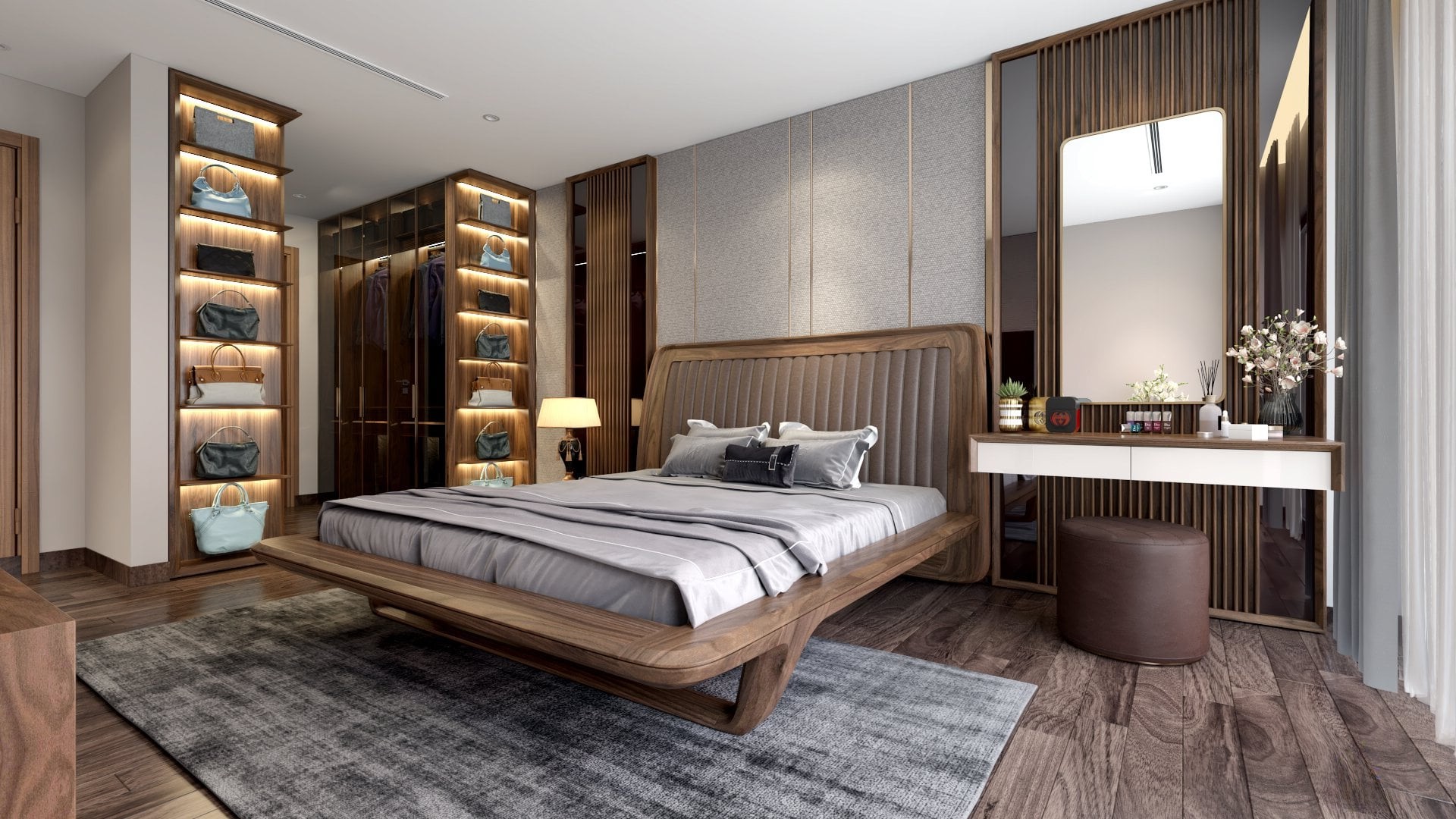 Nội thất phòng ngủ gỗ óc chó hiện đại và sang trọng