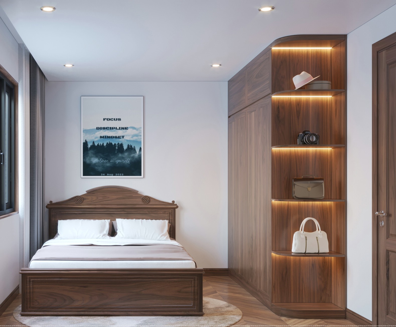 Thiết kế nội thất phòng ngủ nhỏ với giường gỗ sồi và tủ quần áo tích hợp kệ trang trí
