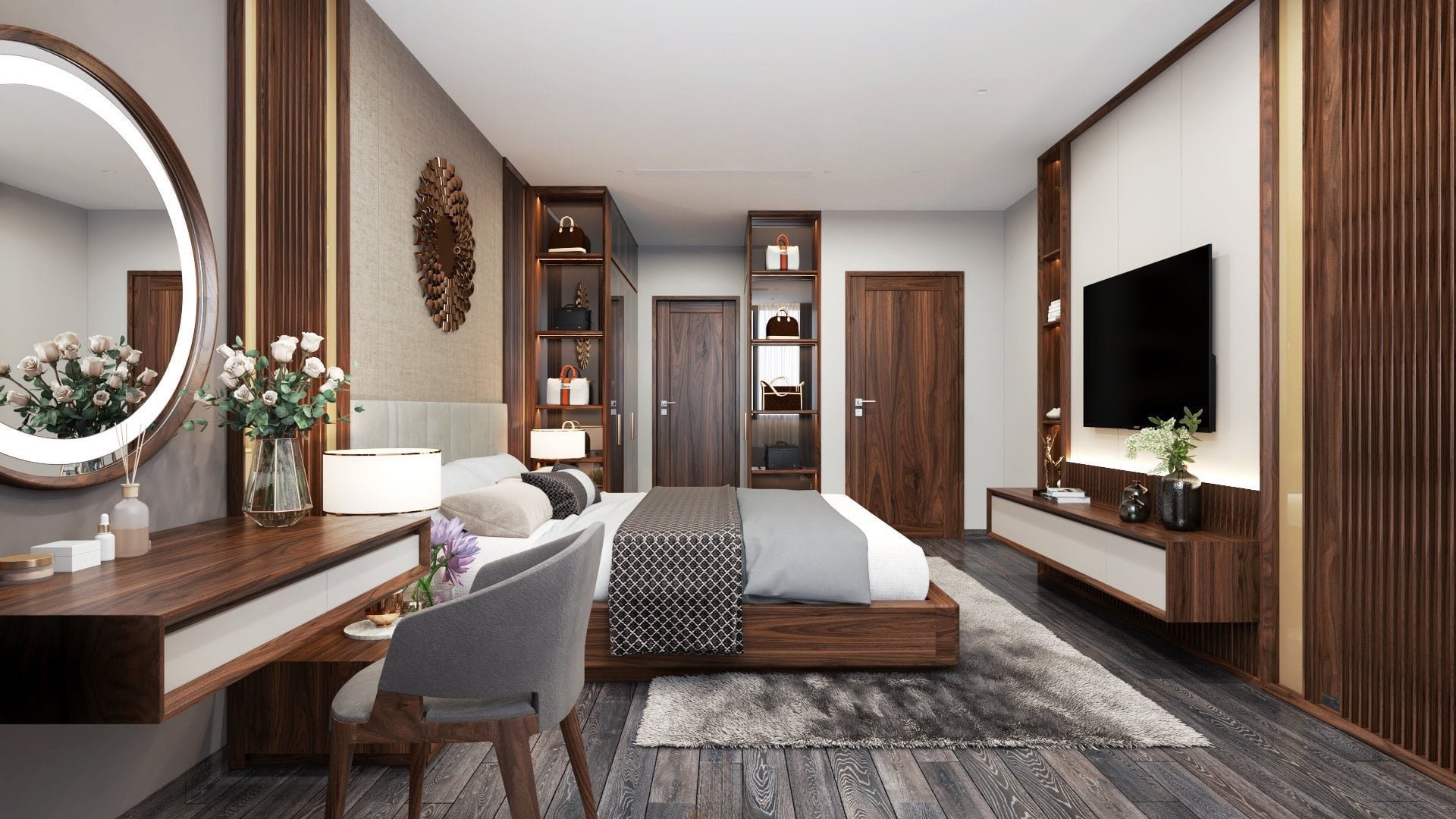 Thiết kế nội thất phòng ngủ gỗ óc chó hiện đại