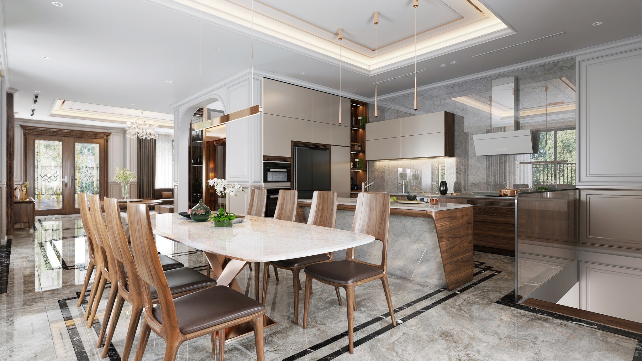 Thiết kế phòng bếp đẹp hiện đại với bàn ăn 8 ghế và tủ bếp chữ L tiện nghi