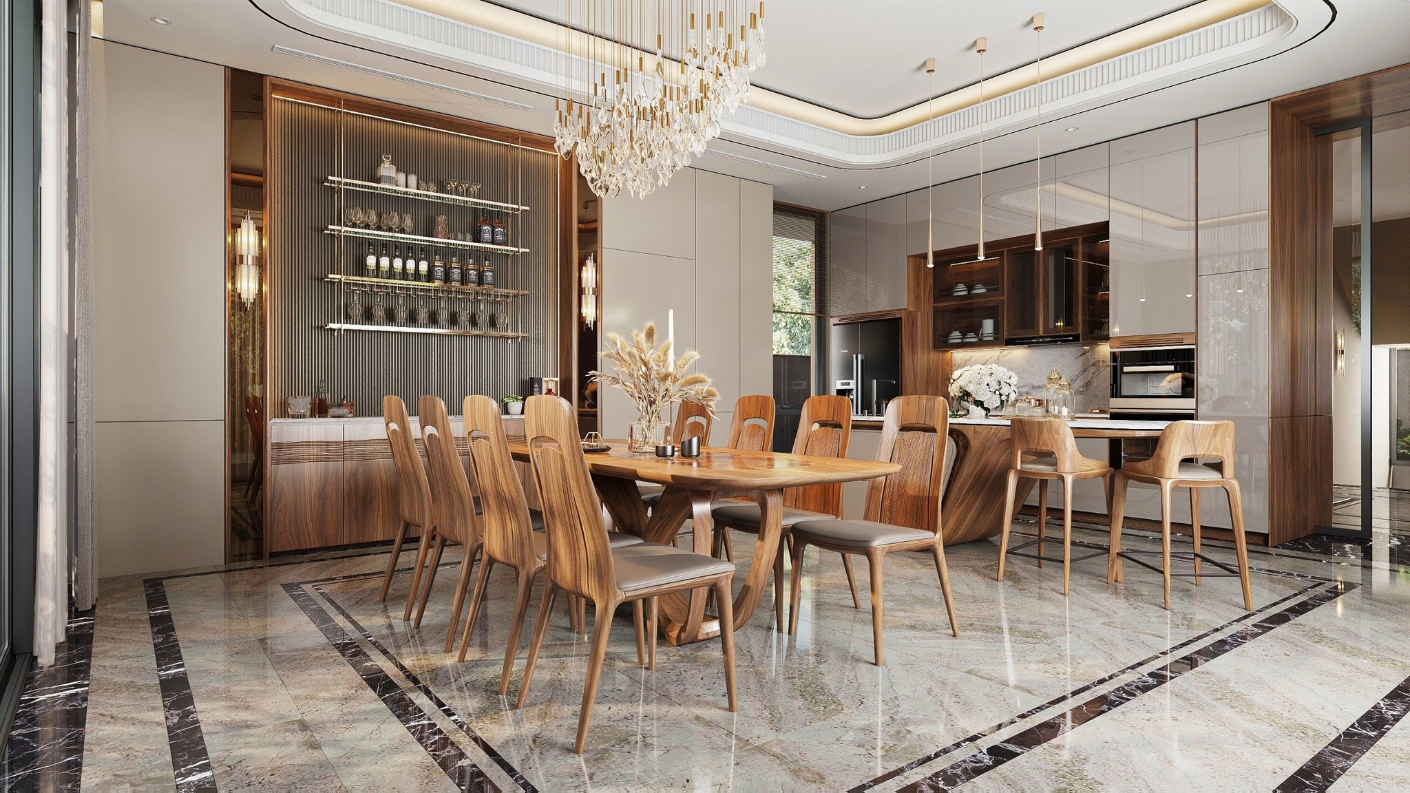 Thiết kế phòng bếp hiện đại với bàn ăn 8 ghế và đảo bếp mặt đá trắng sang trọng