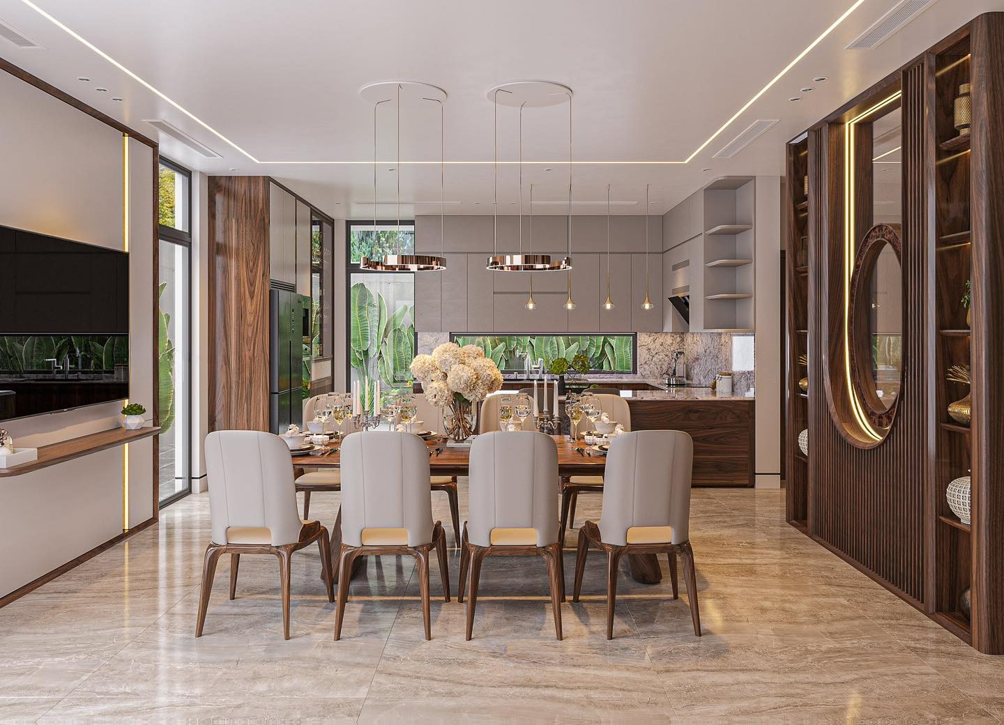 Thiết kế phòng bếp hiện đại với tủ bếp chữ L, quầy bar và bàn ăn 8 ghế sang trọng