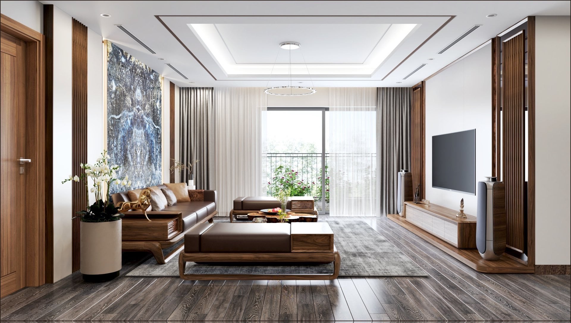 Thiết kế phòng khách chung cư đẹp với sofa gỗ óc chó