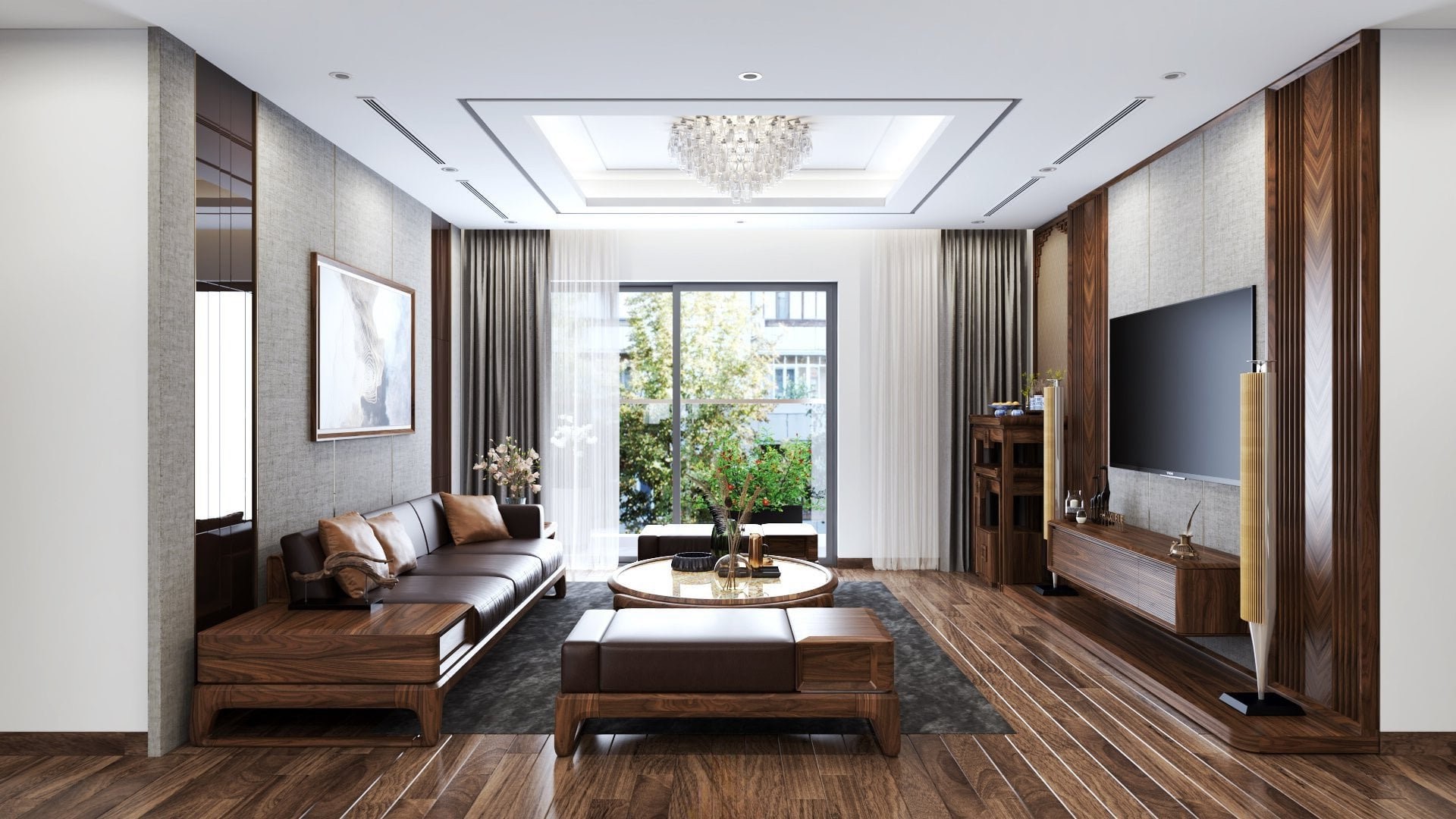 Thiết kế phòng khách chung cư đơn giản bố cục chữ U