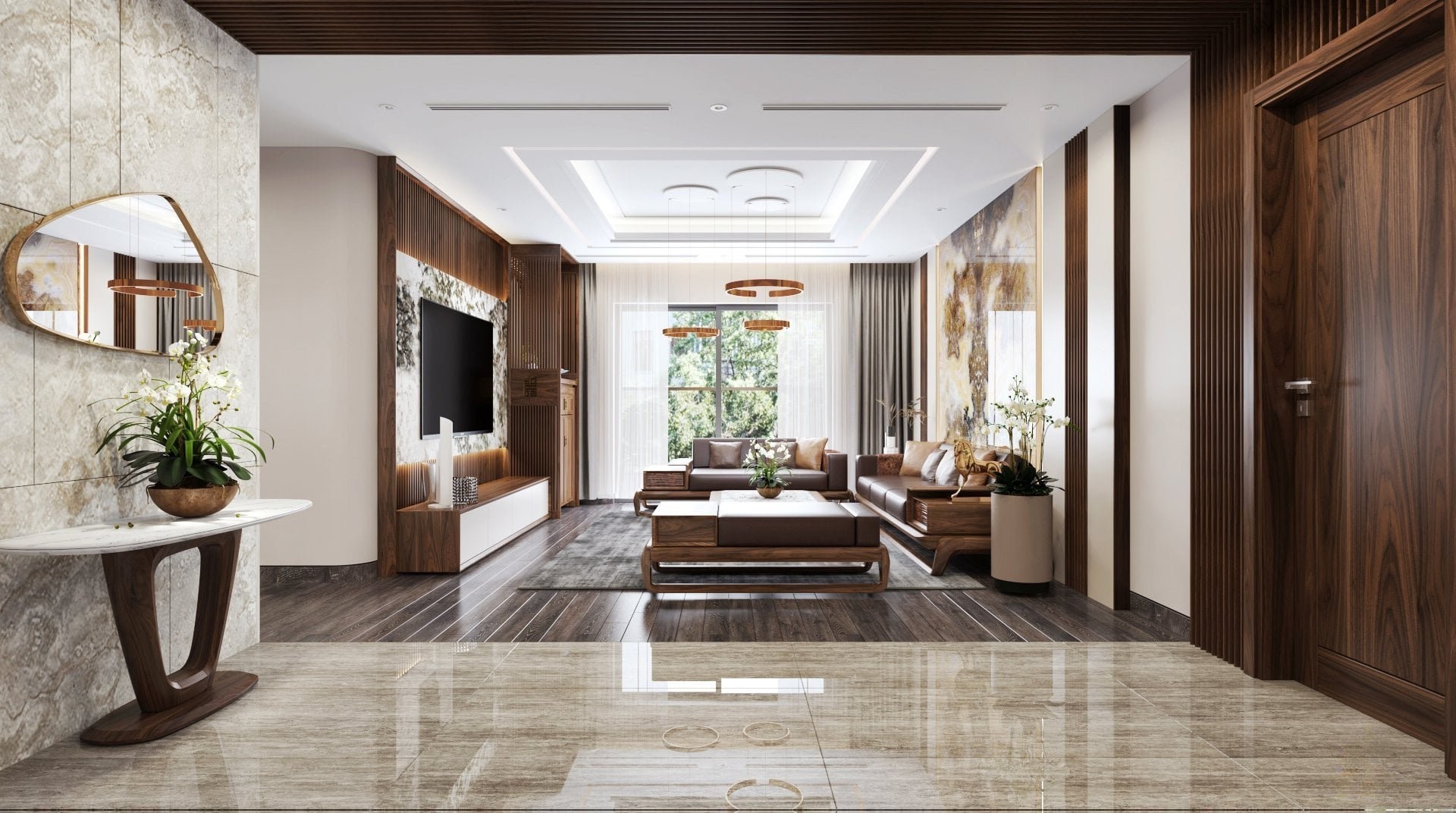 Phòng khách chung cư liền kề phòng thờ với kệ tivi acrylic trắng và tường PVC giả vân đá Phòng khách chung cư liền kề phòng thờ với kệ tivi acrylic trắng và tường PVC giả vân đá
