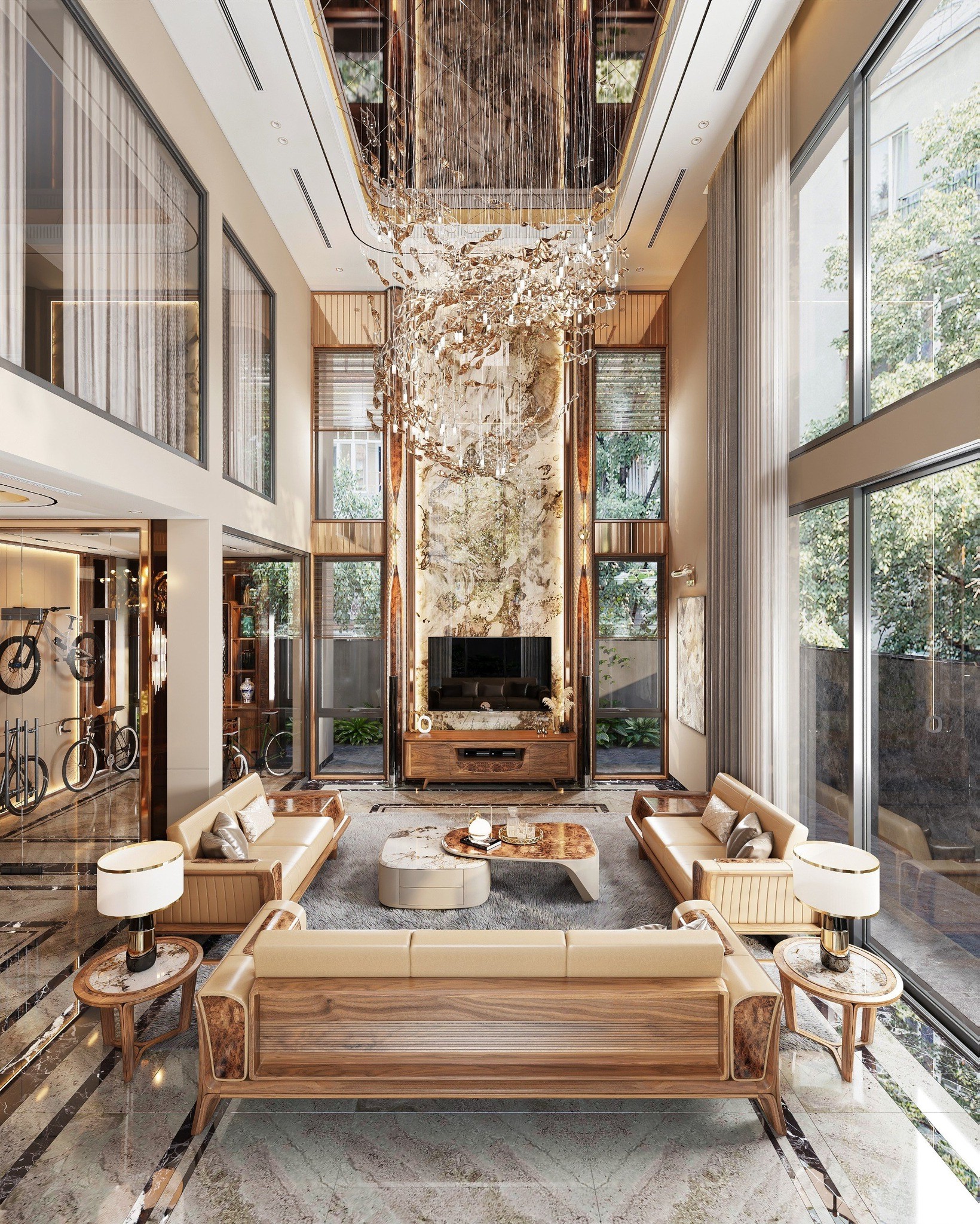 Thiết kế phòng khách đẹp sang trọng với tường đá xuyên sáng Onyx và đèn chùm hình cá