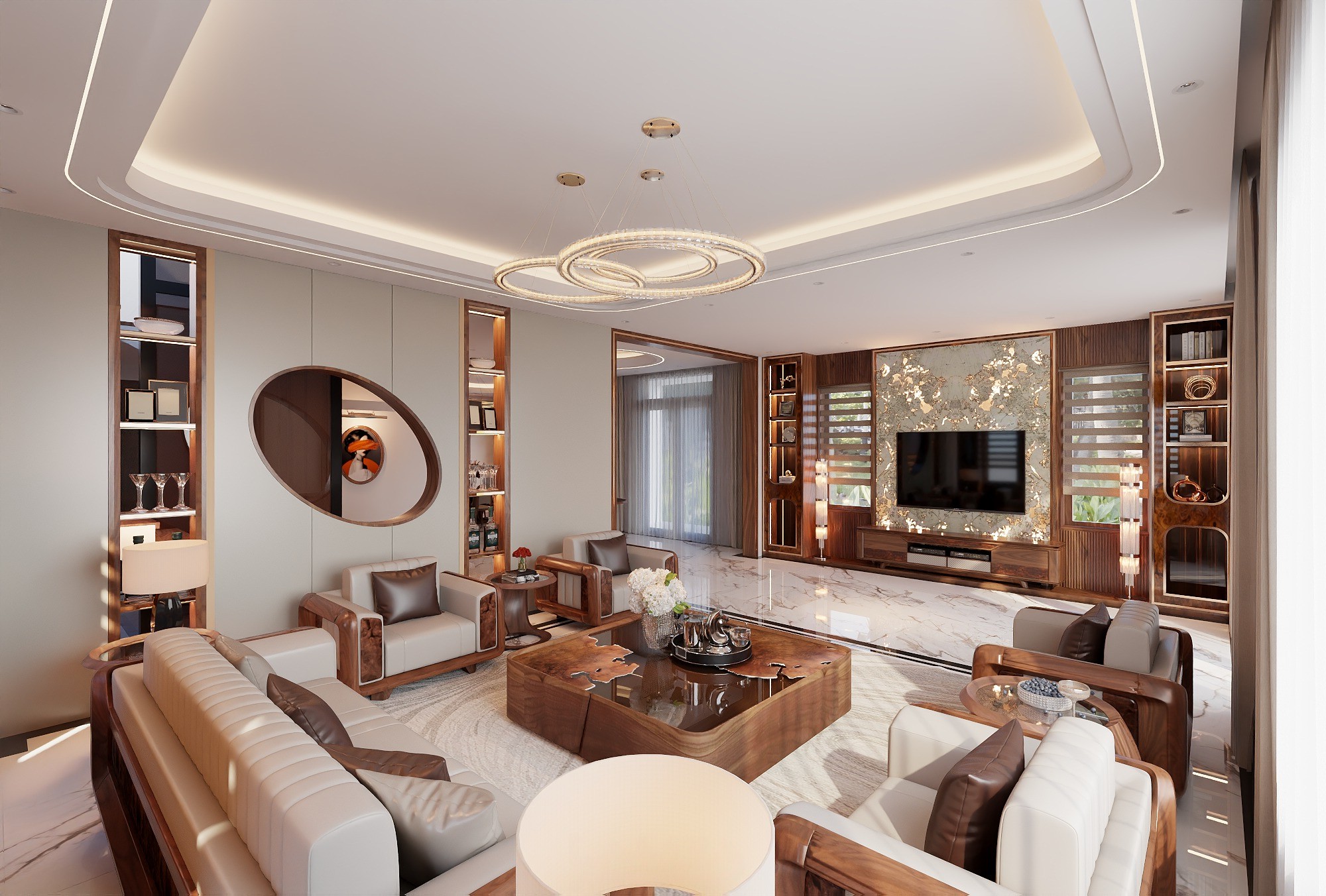 Thiết kế phòng khách đẹp phong cách hiện đại, vật liệu gỗ óc chó và da PU cao cấp