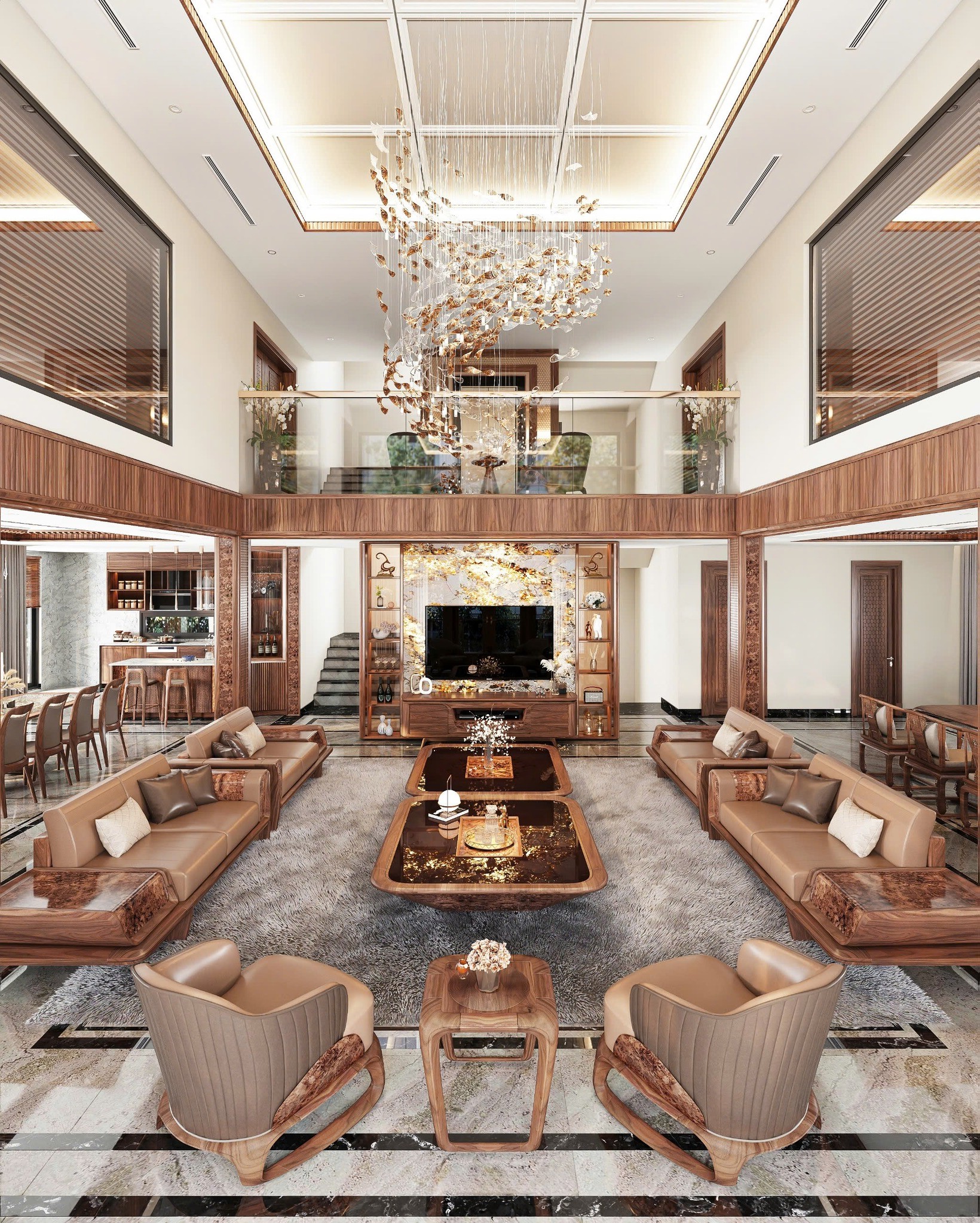 Thiết kế phòng khách hiện đại với trần cao, đèn chùm nghệ thuật và nội thất gỗ óc chó