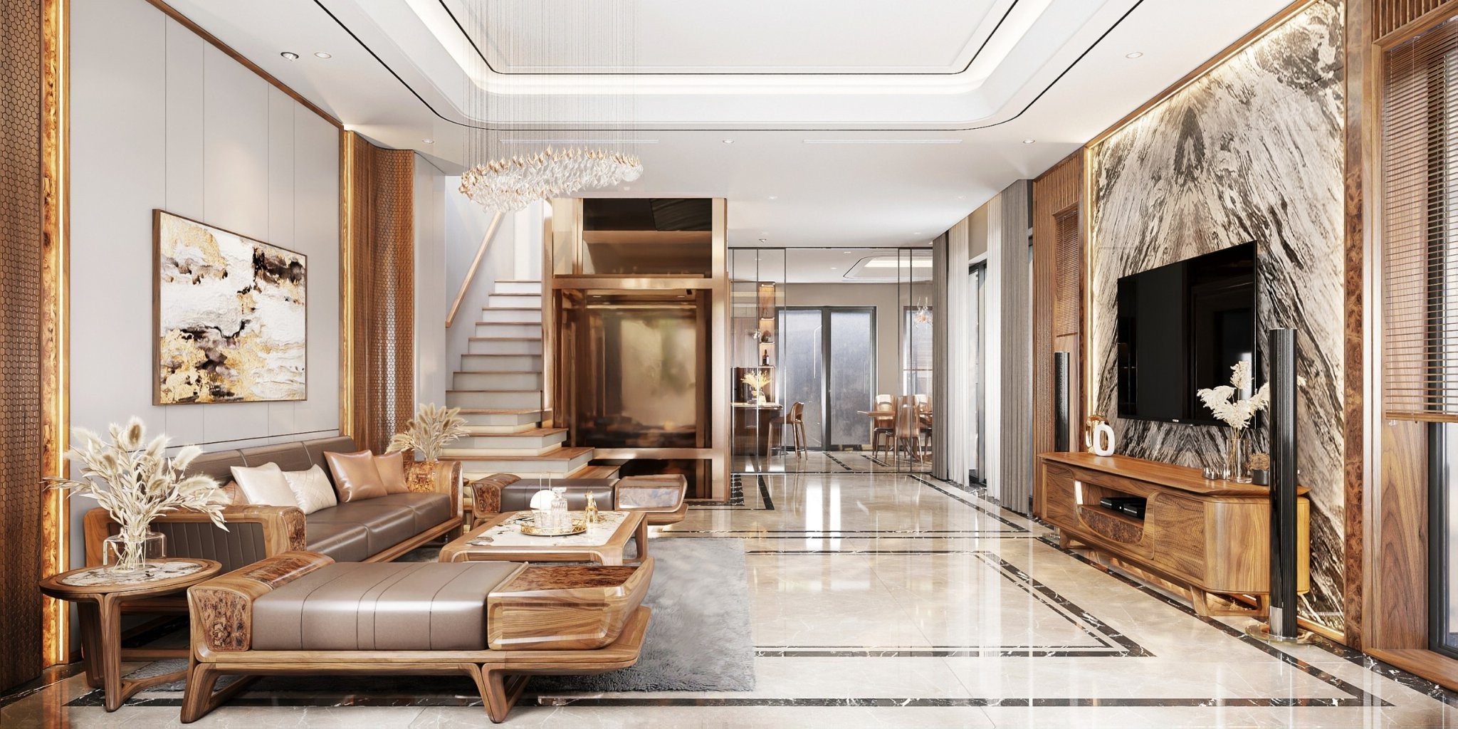 Thiết kế phòng khách liền bếp nhà ống gỗ óc chó