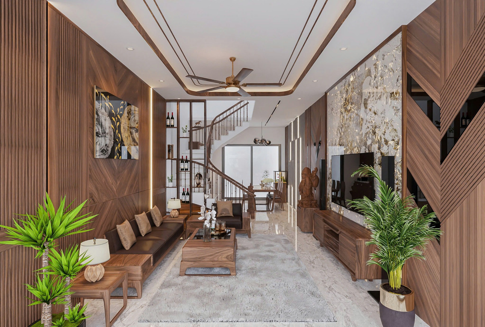 Thiết kế phòng khách nhà ống đẹp với sofa chữ L gỗ óc chó