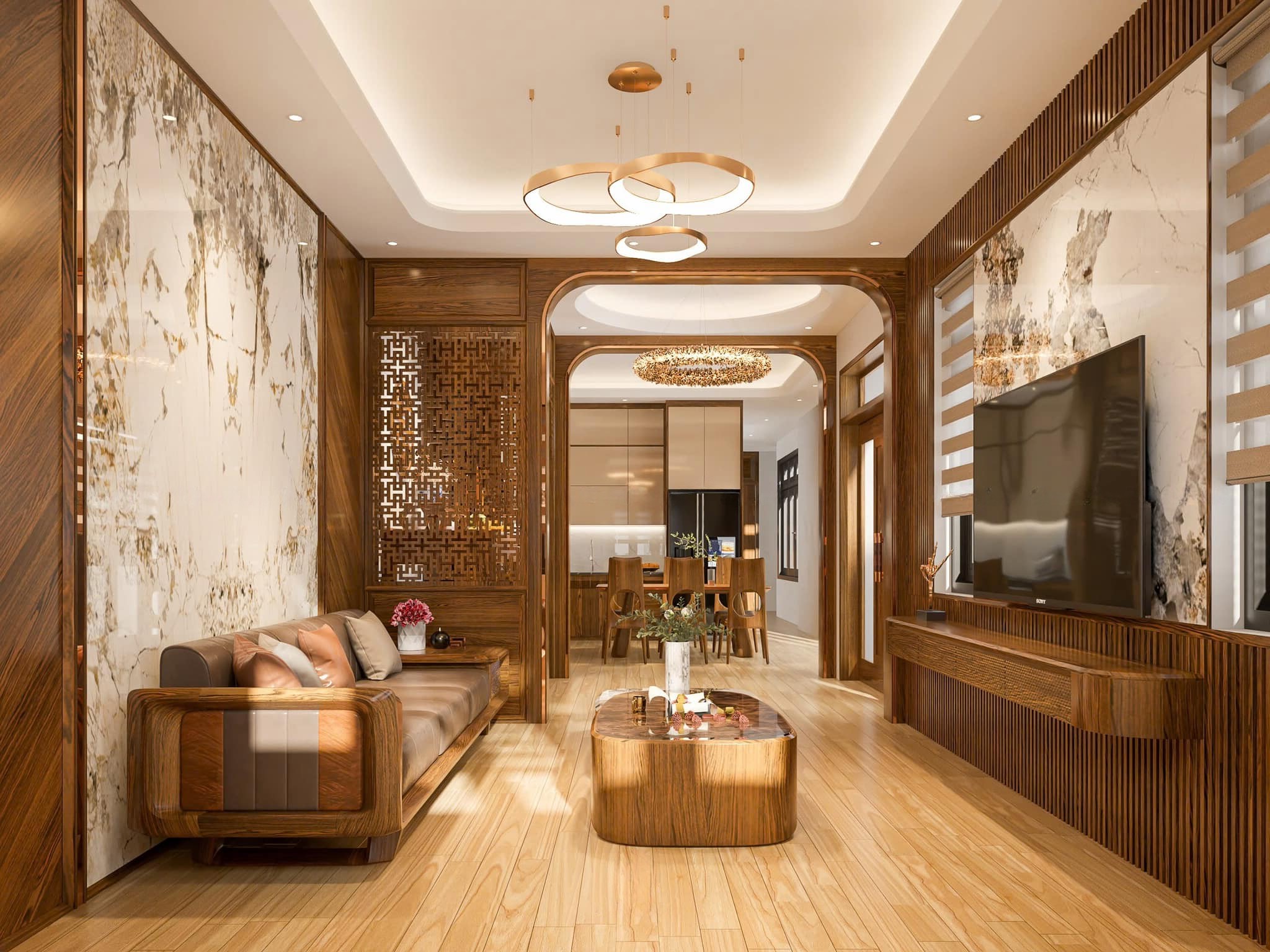 Thiết kế phòng khách nhà ống hiện đại với ốp PVC vân đá và vân gỗ