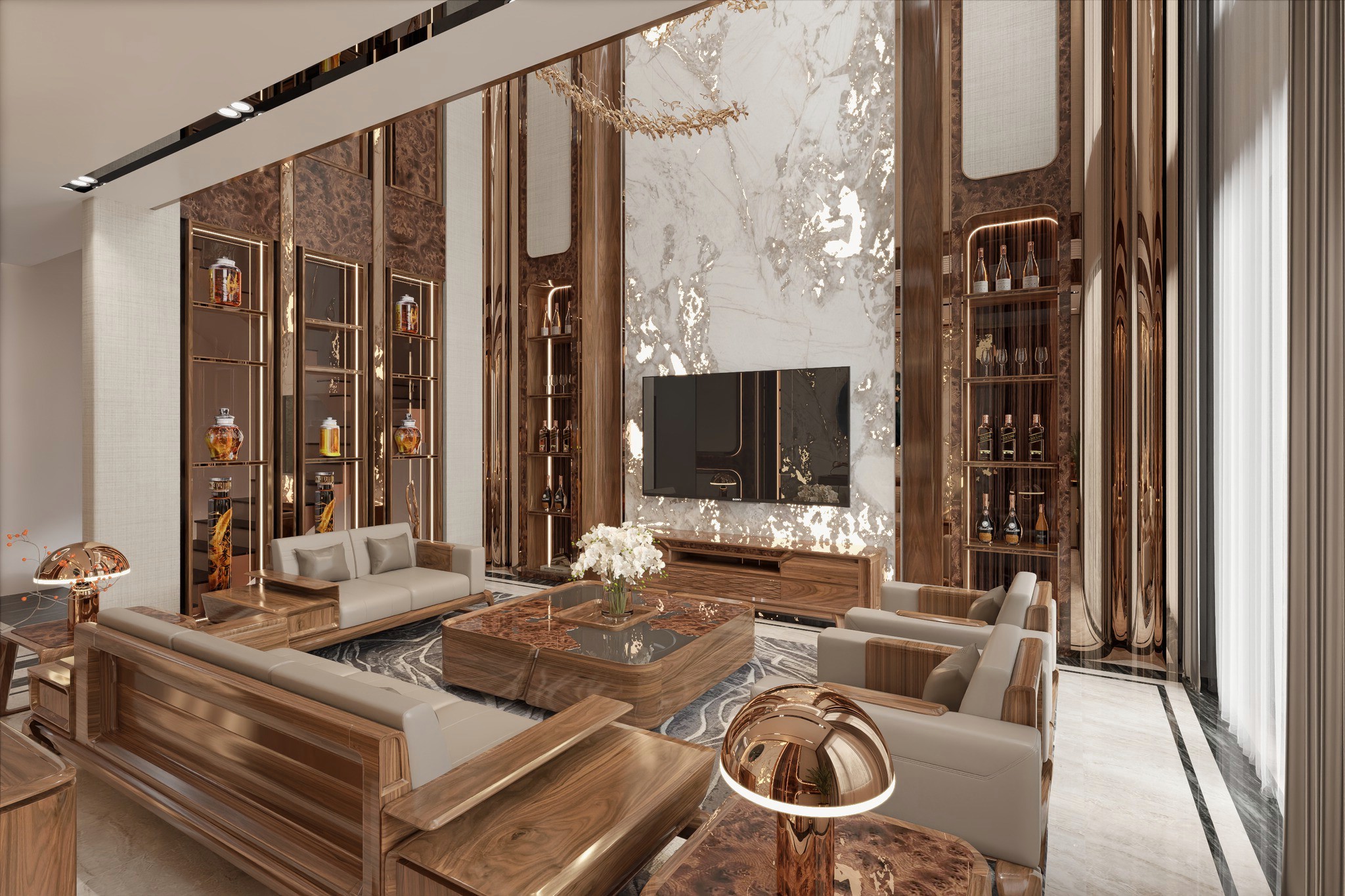 Thiết kế phòng khách sang trọng với sofa gỗ óc chó