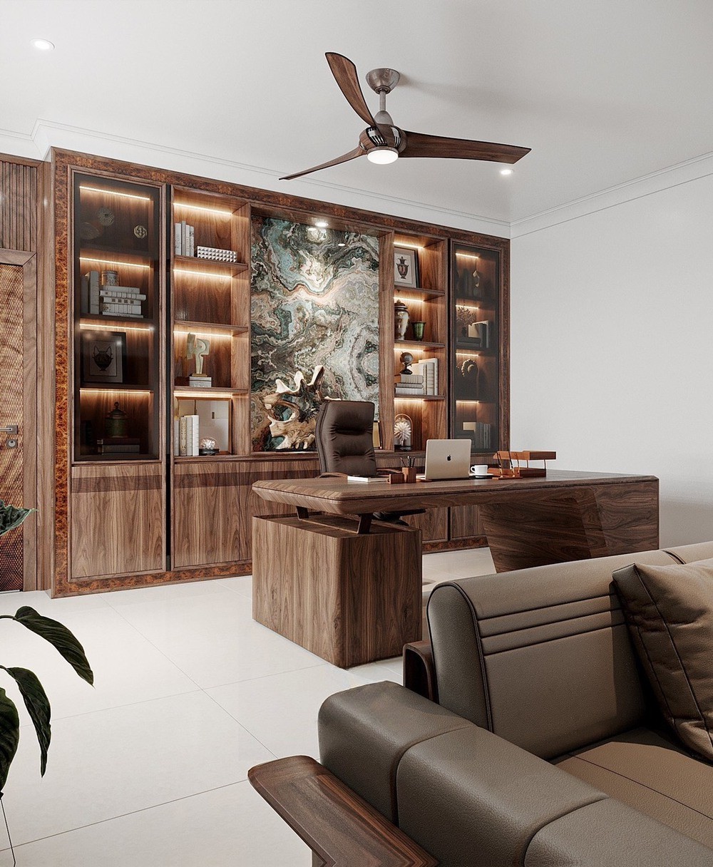 Thiết kế phòng làm việc hiện đại với đá Onyx xanh đen và nội thất gỗ óc chó