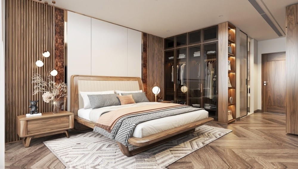 Thiết kế phòng ngủ 20m2 có toilet khép kín với giường gỗ thấp và tủ kính