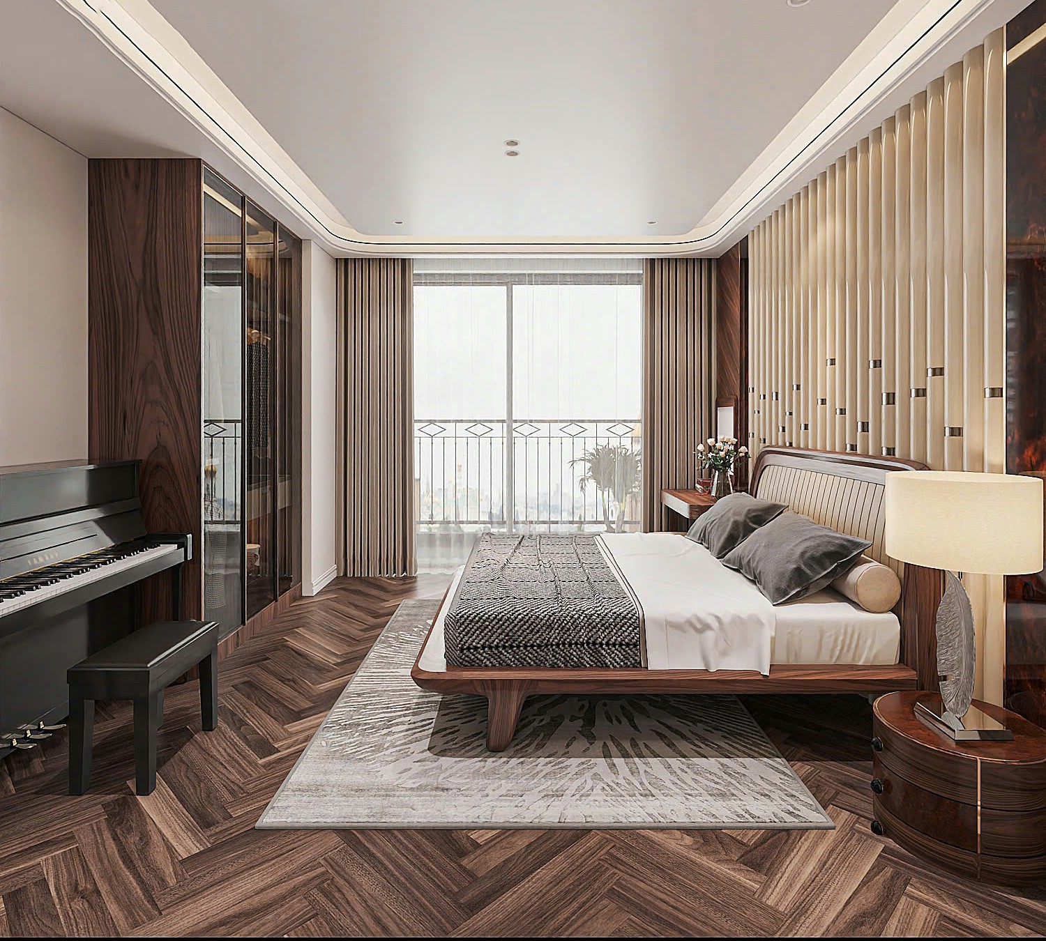 Thiết kế phòng ngủ chung cư hiện đại với giường khung gỗ và tủ quần áo kính cao kịch trần