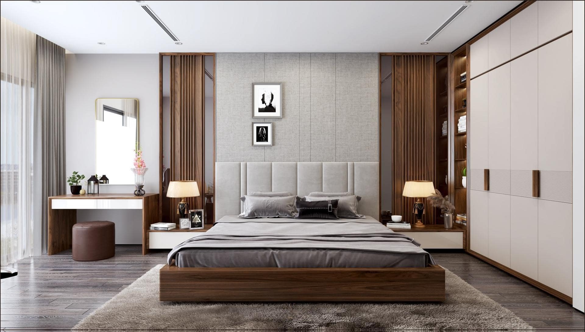 Thiết kế phòng ngủ đẹp cho nữ hiện đại với tone màu nâu trắng sang trọng