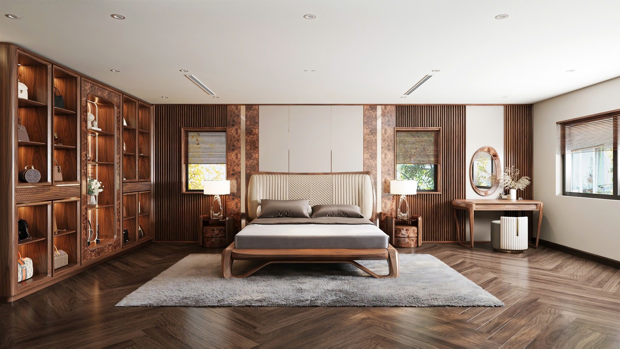 Thiết kế phòng ngủ đẹp sang trọng với nội thất gỗ tinh tế và tiện nghi hiện đại