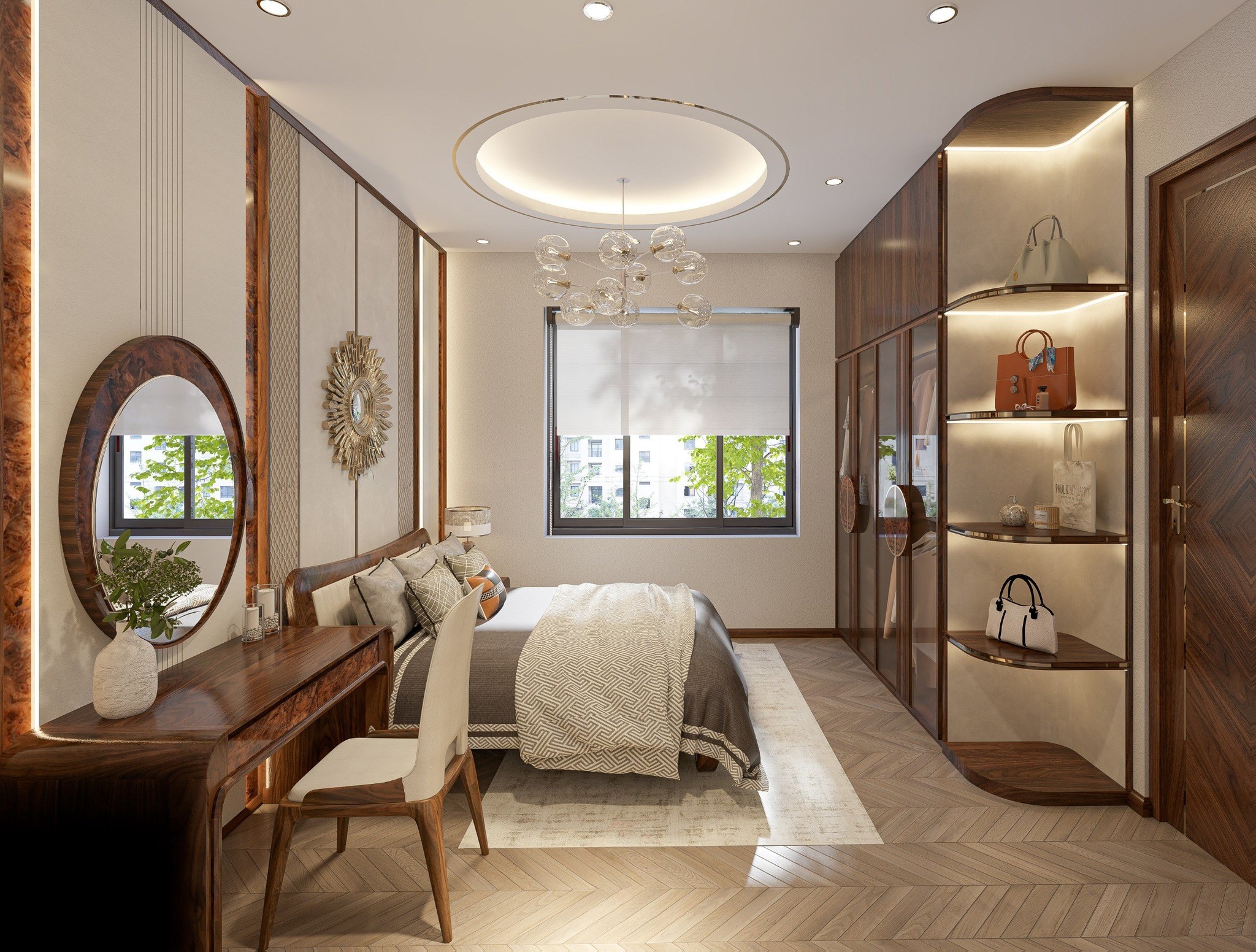 Phòng ngủ hiện đại với giường platform, tủ kính và bàn trang điểm gỗ óc chó