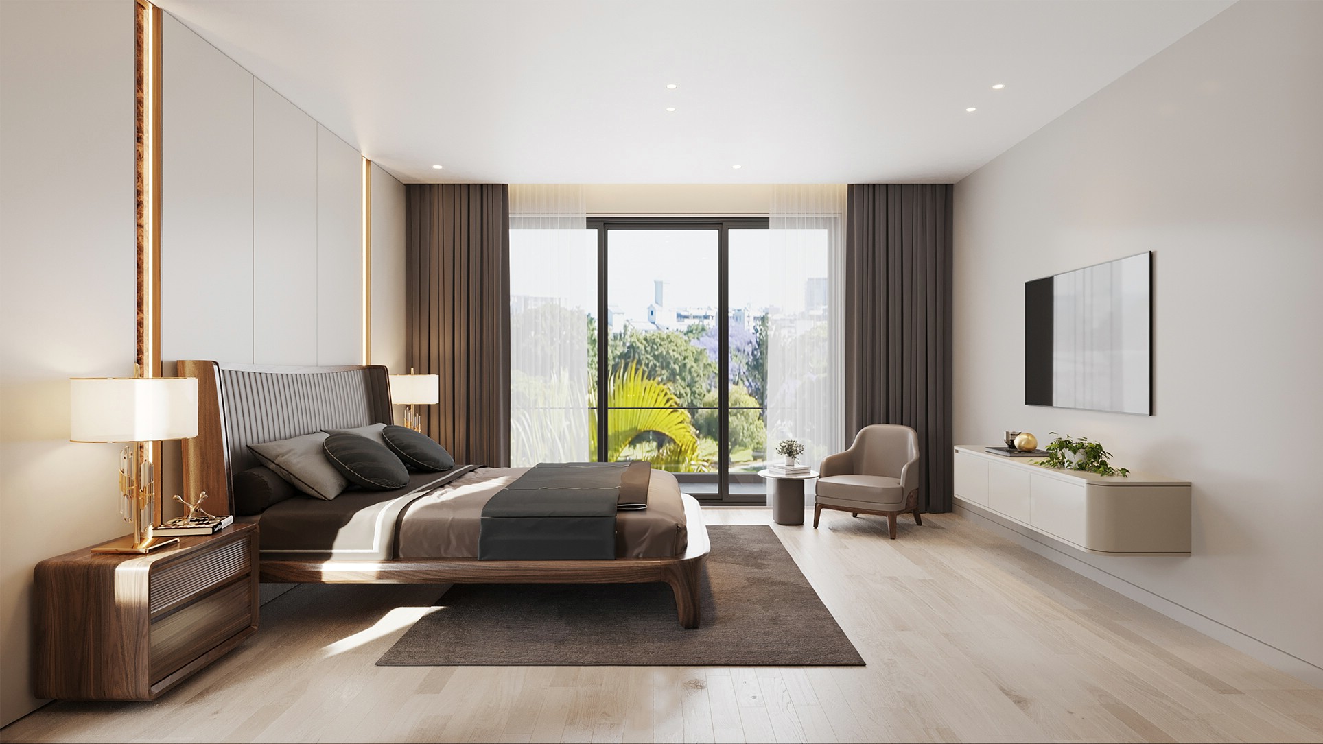 Thiết kế phòng ngủ đơn giản với giường gỗ óc chó, tab bo góc và kệ tivi treo hiện đại