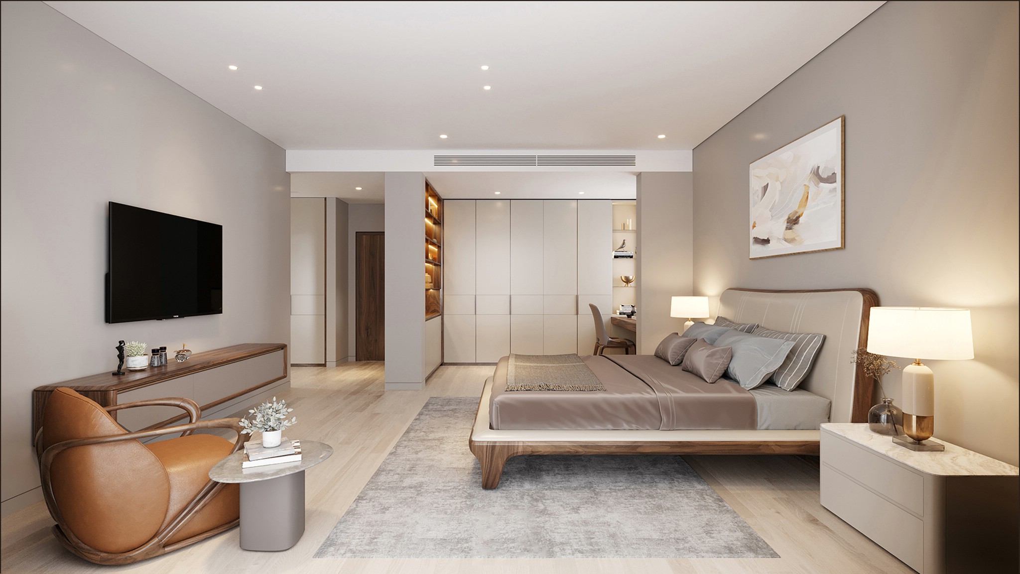 Thiết kế phòng ngủ hiện đại tone trắng – nâu với giường gỗ dáng thanh và nội thất gắn tường