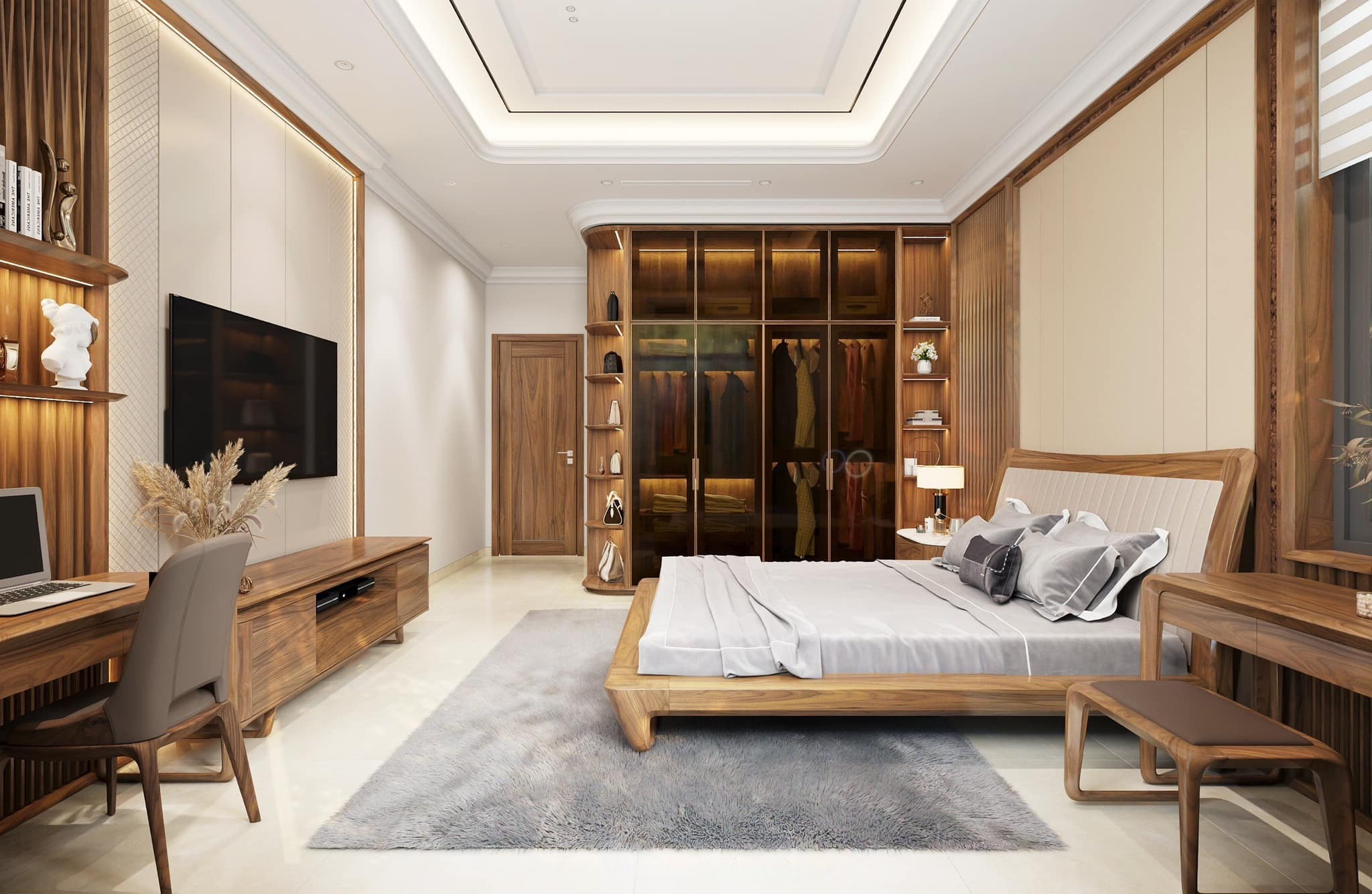 Thiết kế phòng ngủ master hiện đại với giường gỗ sồi, tủ kính và hệ kệ liền khối