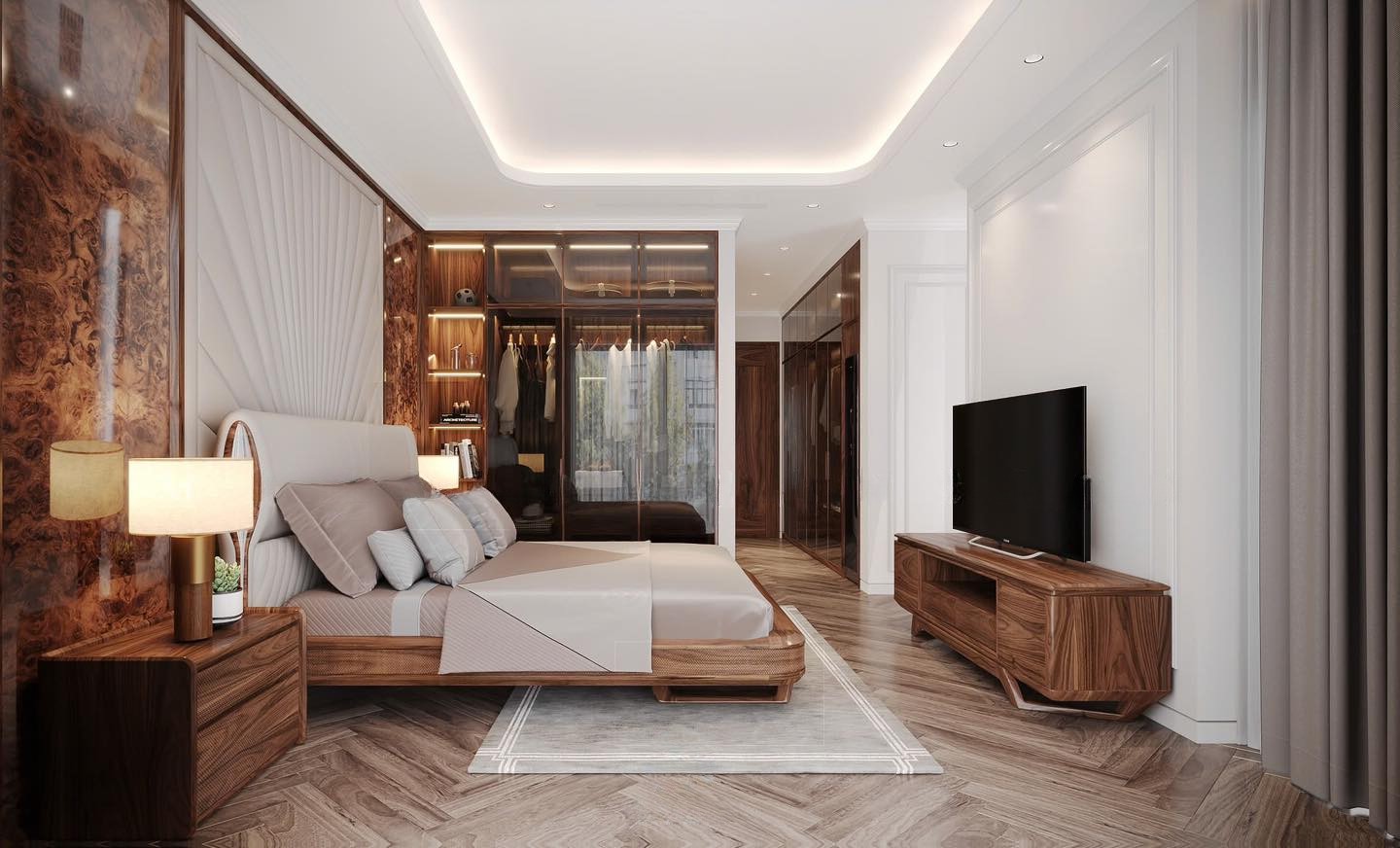 Phòng ngủ master hiện đại tông nâu – trắng với tường ốp veneer nu và tủ kính