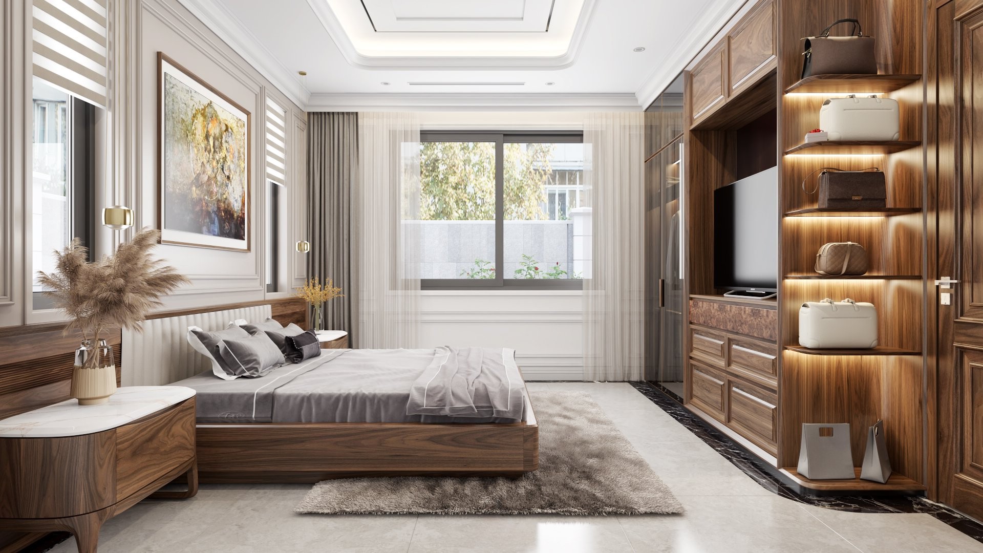 Thiết kế phòng ngủ nhỏ đẹp cho nữ với giường gỗ óc chó và tủ kệ tivi hiện đại