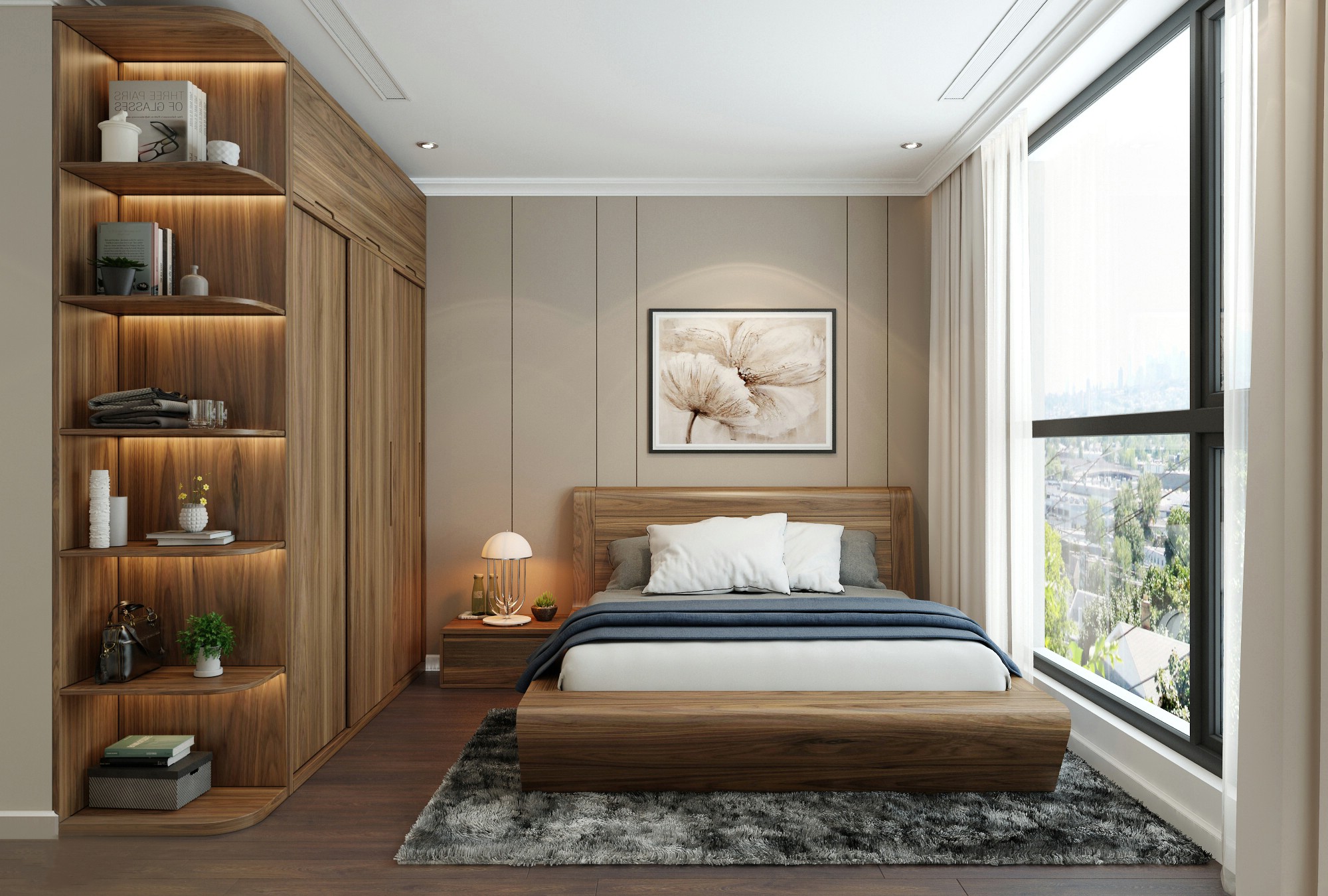 Thiết kế phòng ngủ nhỏ hiện đại gỗ veneer óc chó