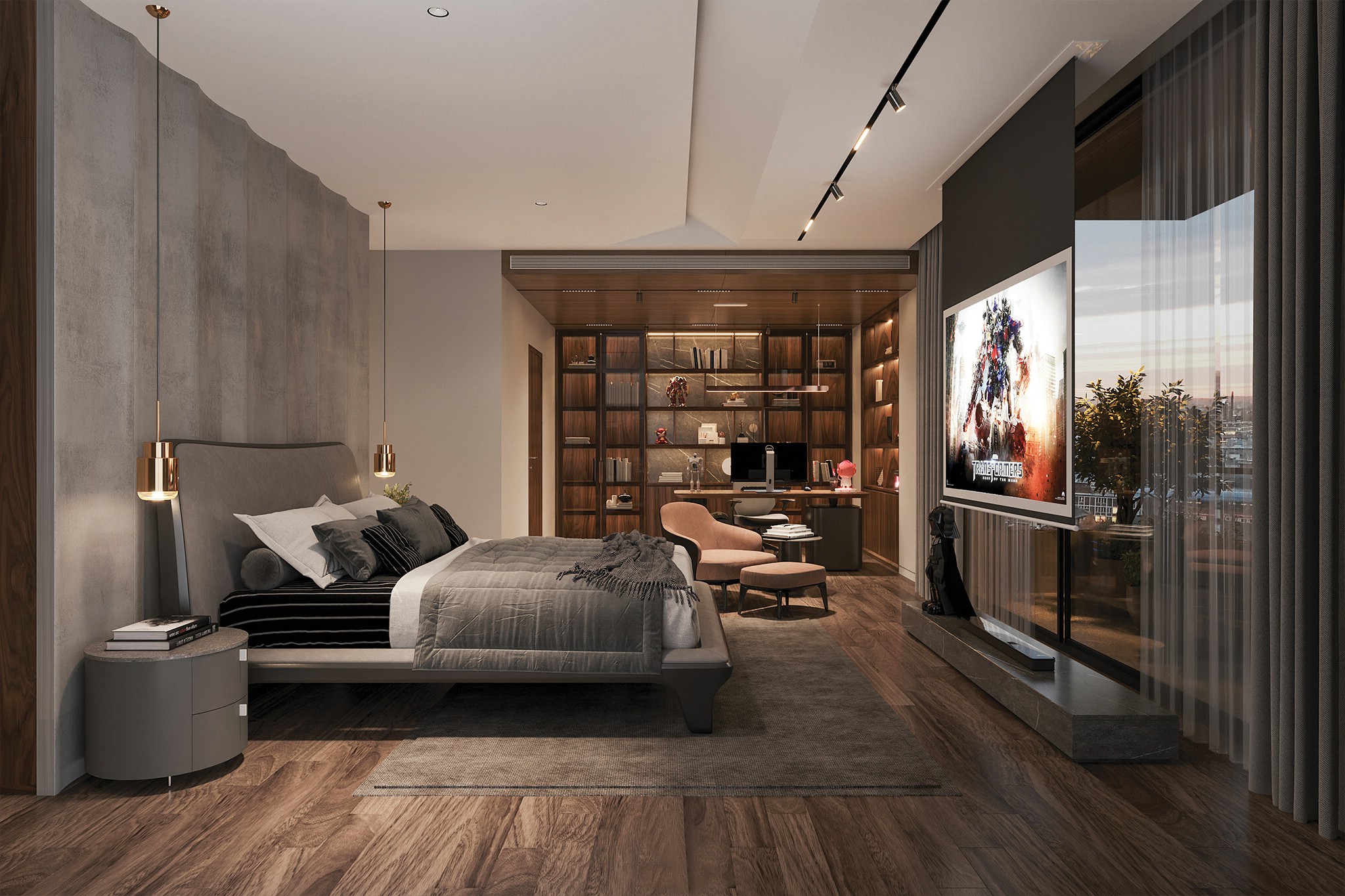 Thiết kế phòng ngủ thông minh với giường bọc nỉ, kệ sách âm tường và bàn làm việc đa năng