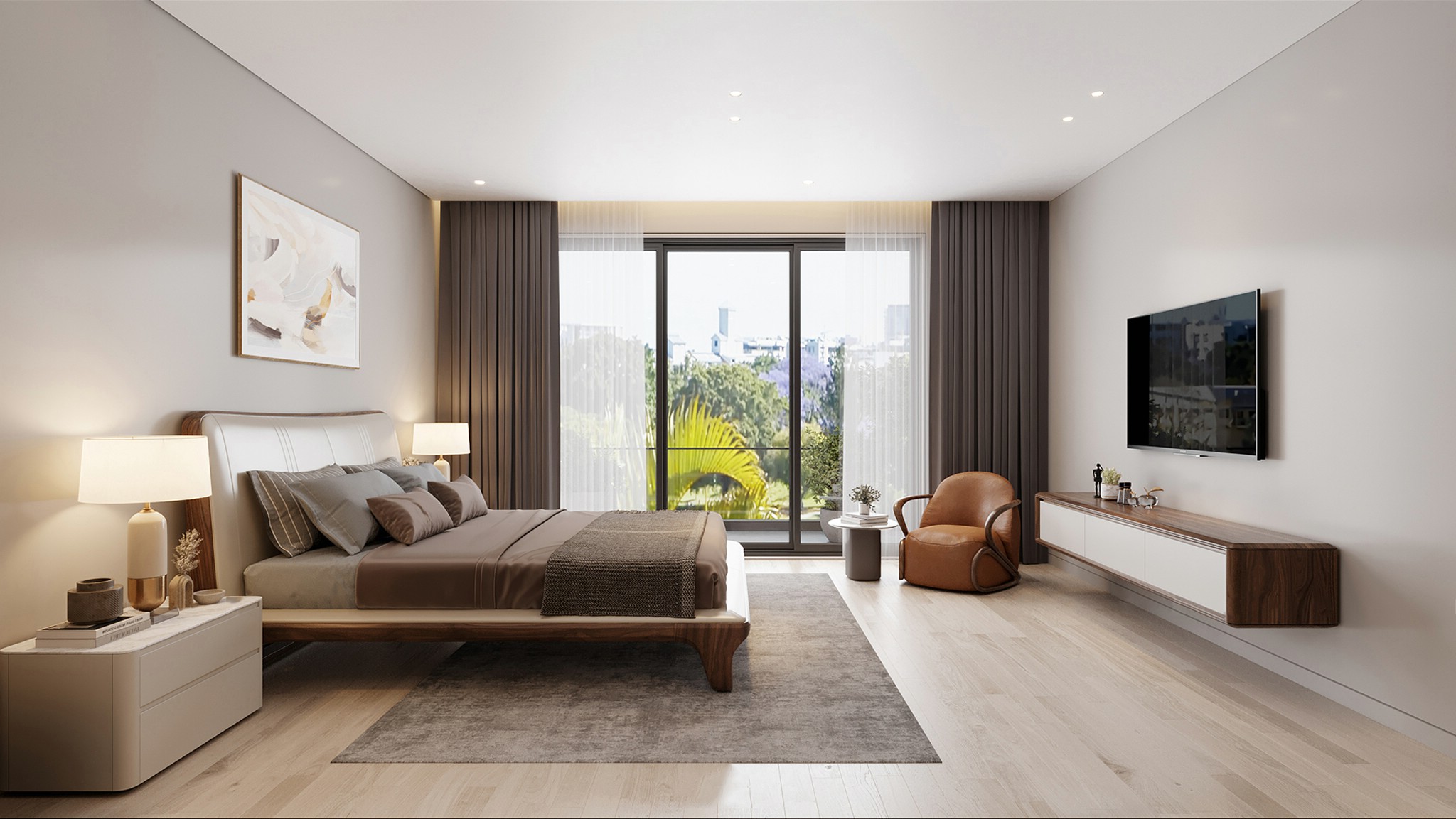 Thiết kế phòng ngủ tối giản hiện đại với giường gỗ óc chó và nội thất tinh gọn