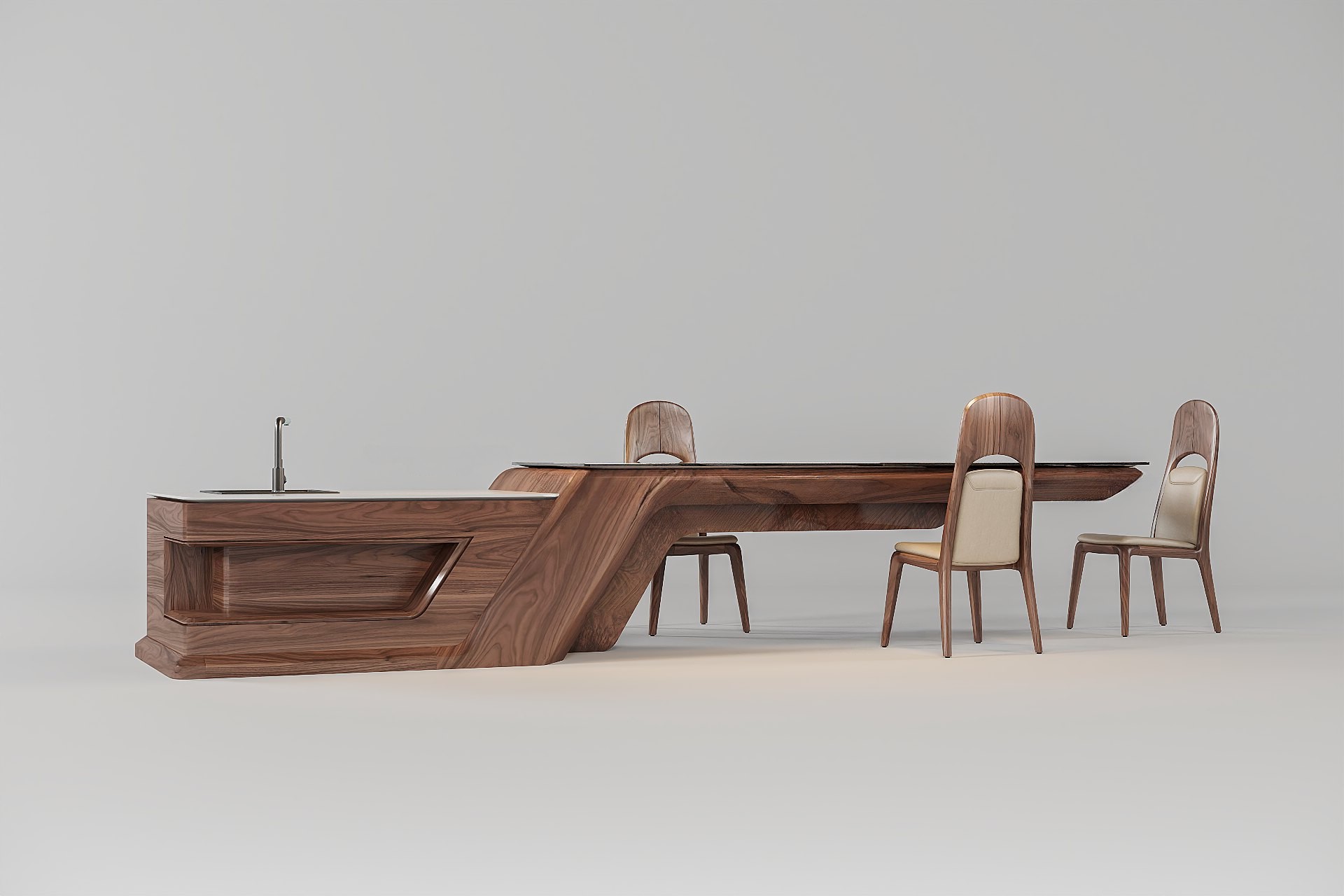 Thiết kế quầy bar gỗ óc chó tích hợp bồn rửa hiện đại