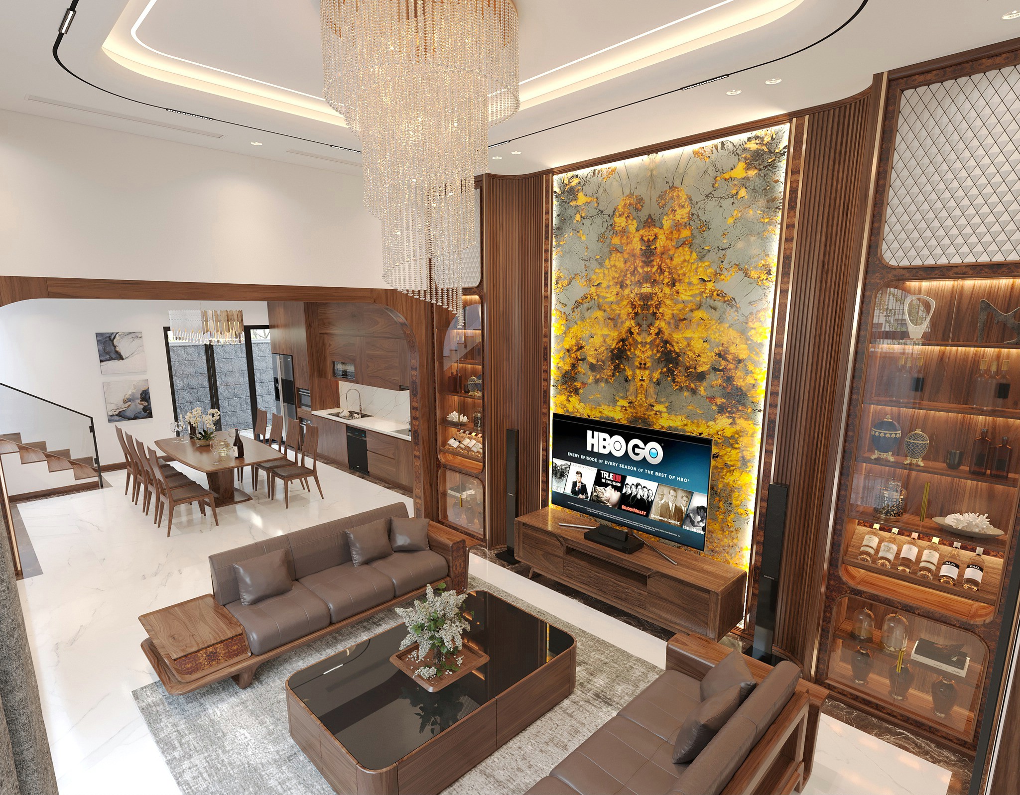 Showroom nội thất gỗ óc chó với phòng khách và phòng bếp thông nhau sang trọng