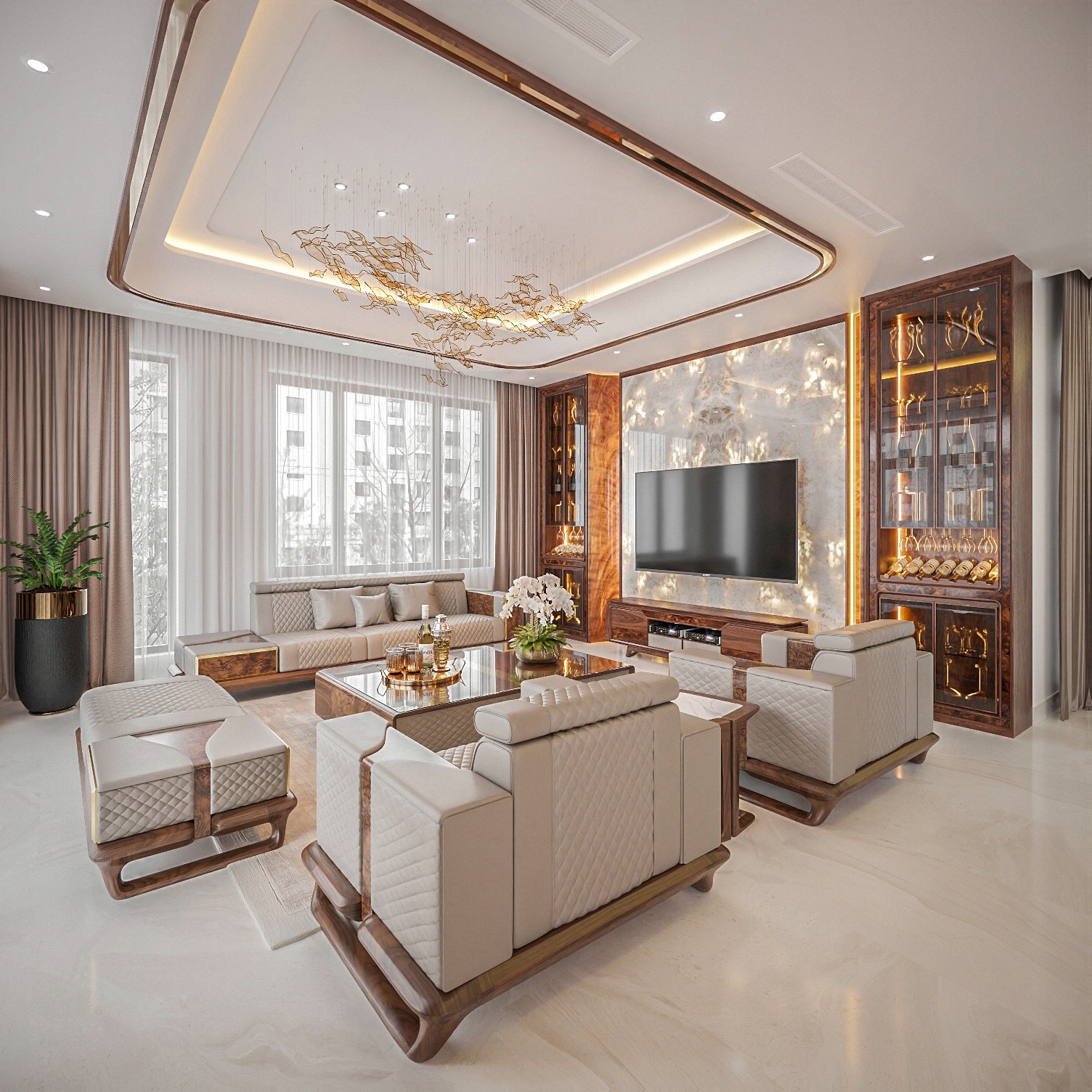 Nội thất biệt thự gỗ óc chó cao cấp với sofa, kệ tivi, tủ rượu, đá xuyên sáng