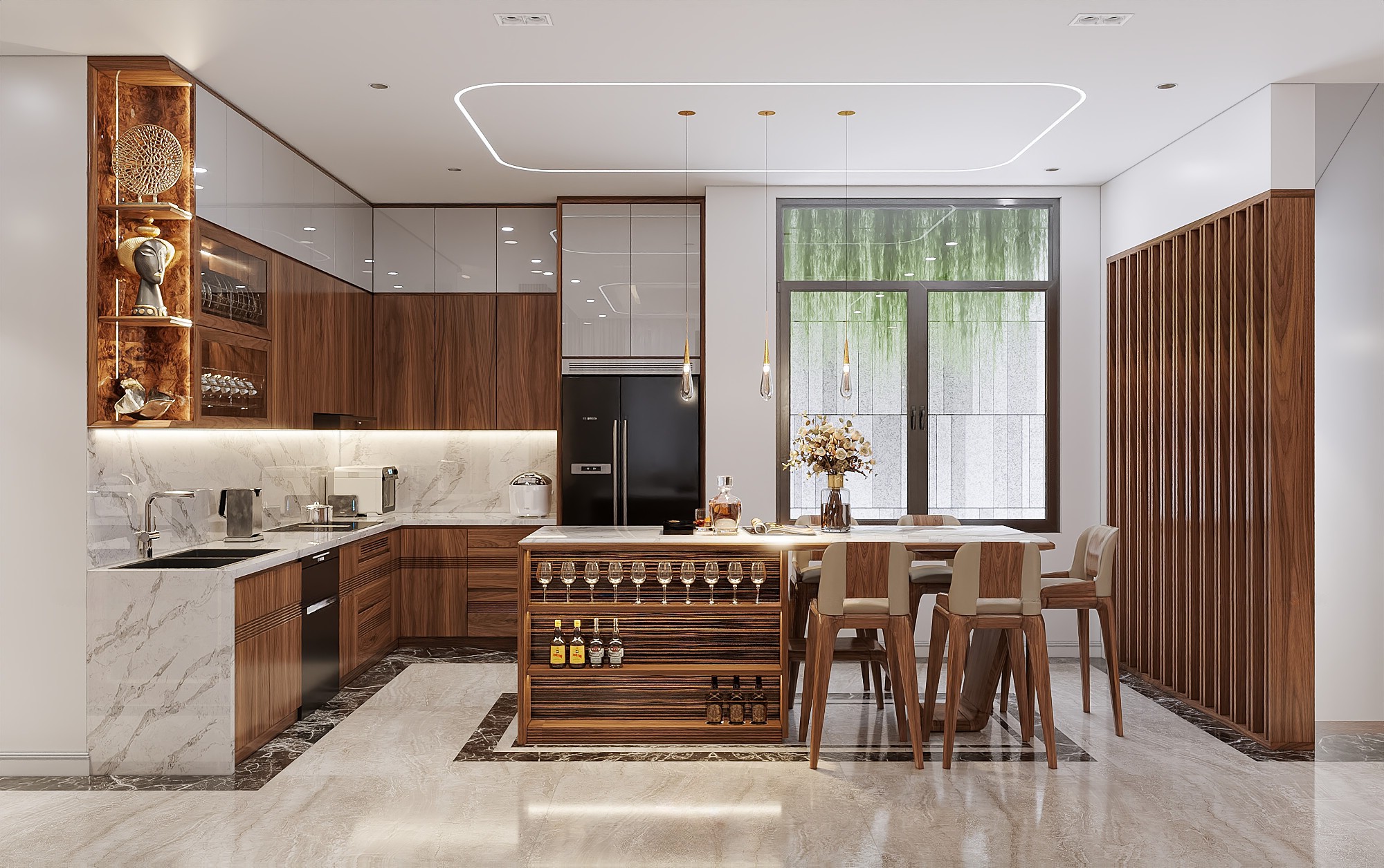 Thiết kế tủ bếp chữ L hiện đại bằng gỗ công nghiệp MDF tiện nghi