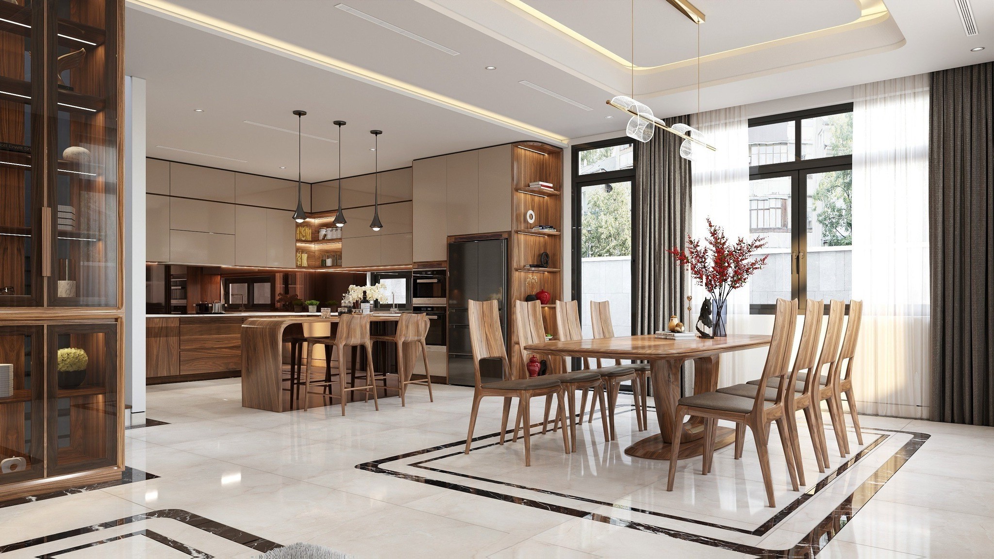 Thiết kế tủ bếp hiện đại chữ L veneer óc chó kết hợp acrylic