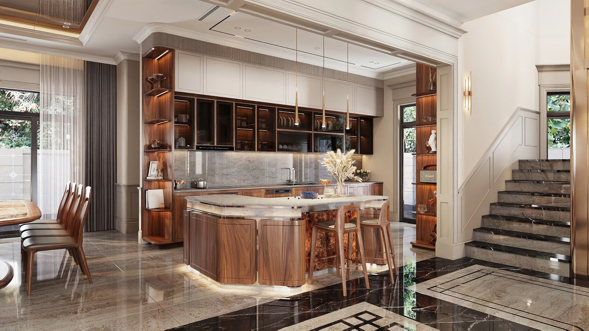 Thiết kế tủ bếp hiện đại khung gỗ veneer óc chó