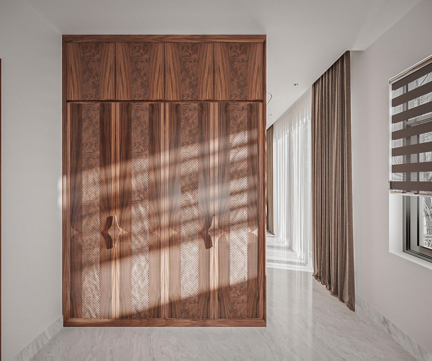 Thiết kế tủ quần áo cho phòng ngủ nhỏ chữ I cao kịch trần gỗ tự nhiên