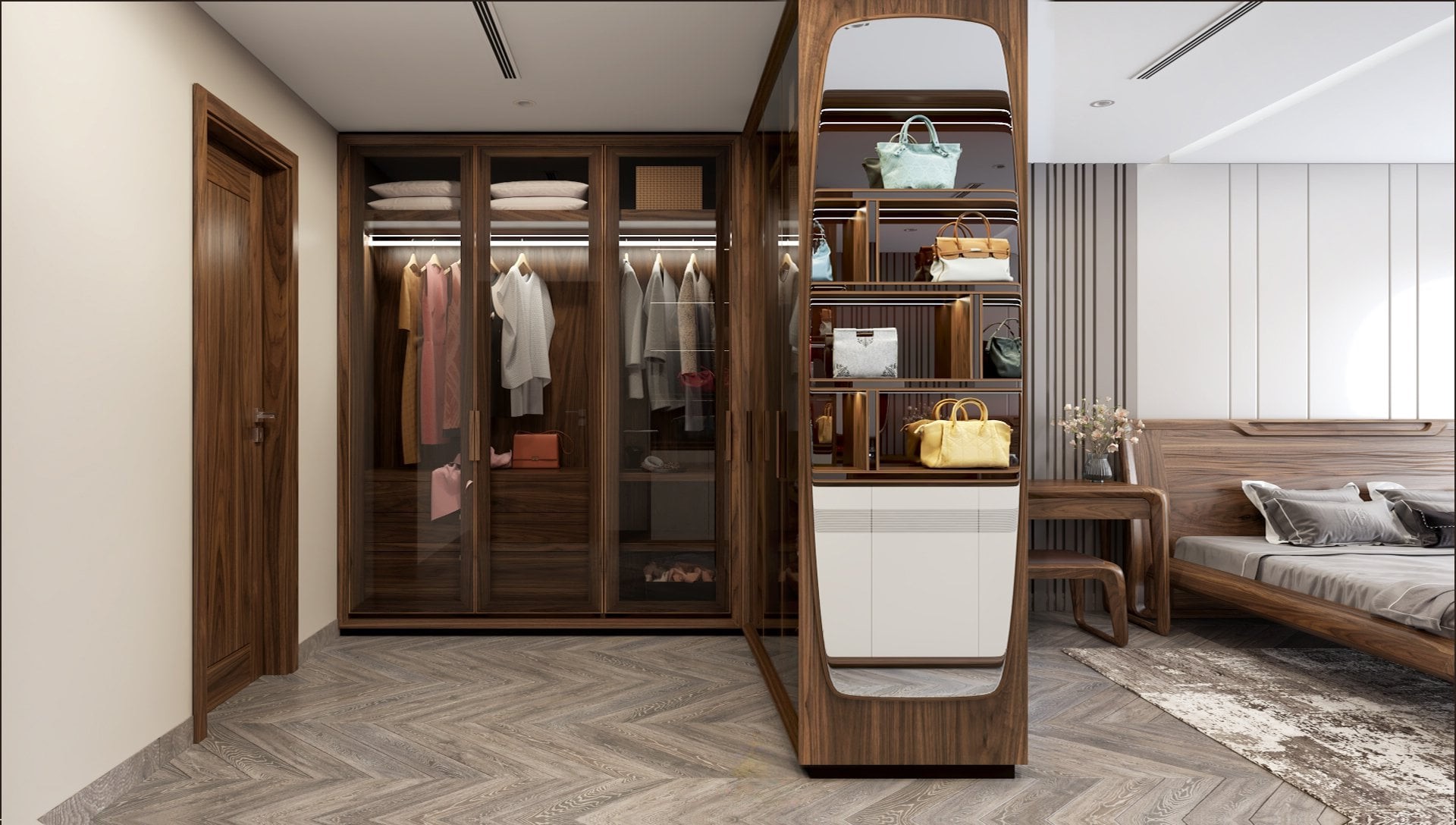 Tủ quần áo chữ L cánh kính cao kịch trần với kệ gương 4 tầng để túi xách