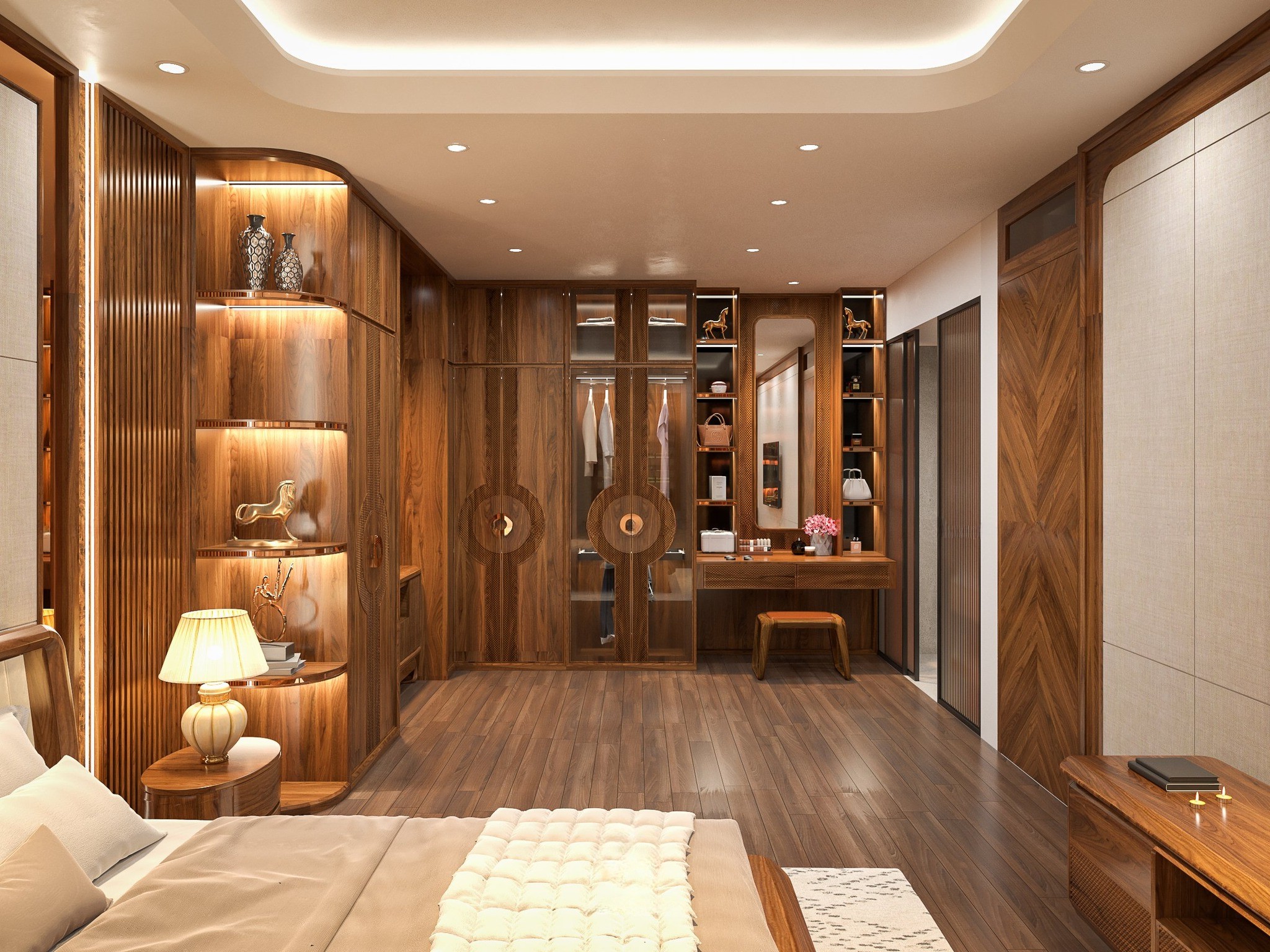 Thiết kế tủ quần áo trong phòng ngủ chữ L gỗ óc chó cánh kính sang trọng