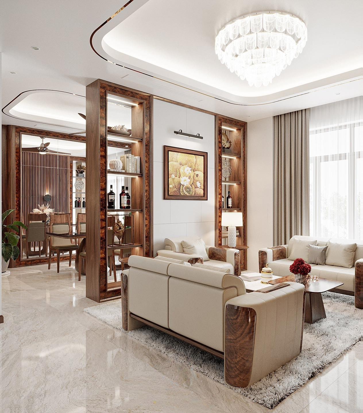 Thiết kế vách ngăn phòng khách gỗ tự nhiên