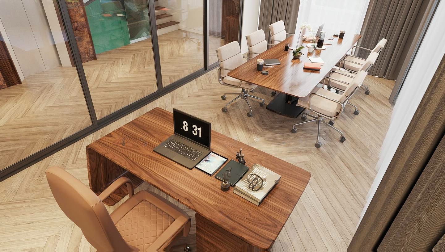 Thiết kế văn phòng làm việc hiện đại với bàn lãnh đạo và khu vực nhân viên