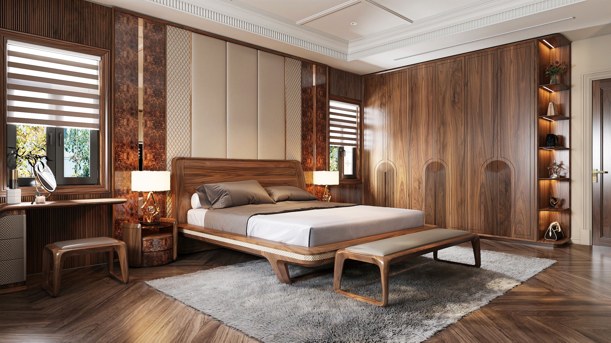 Trang trí phòng ngủ sang trọng với gỗ óc chó và da PU cao cấp