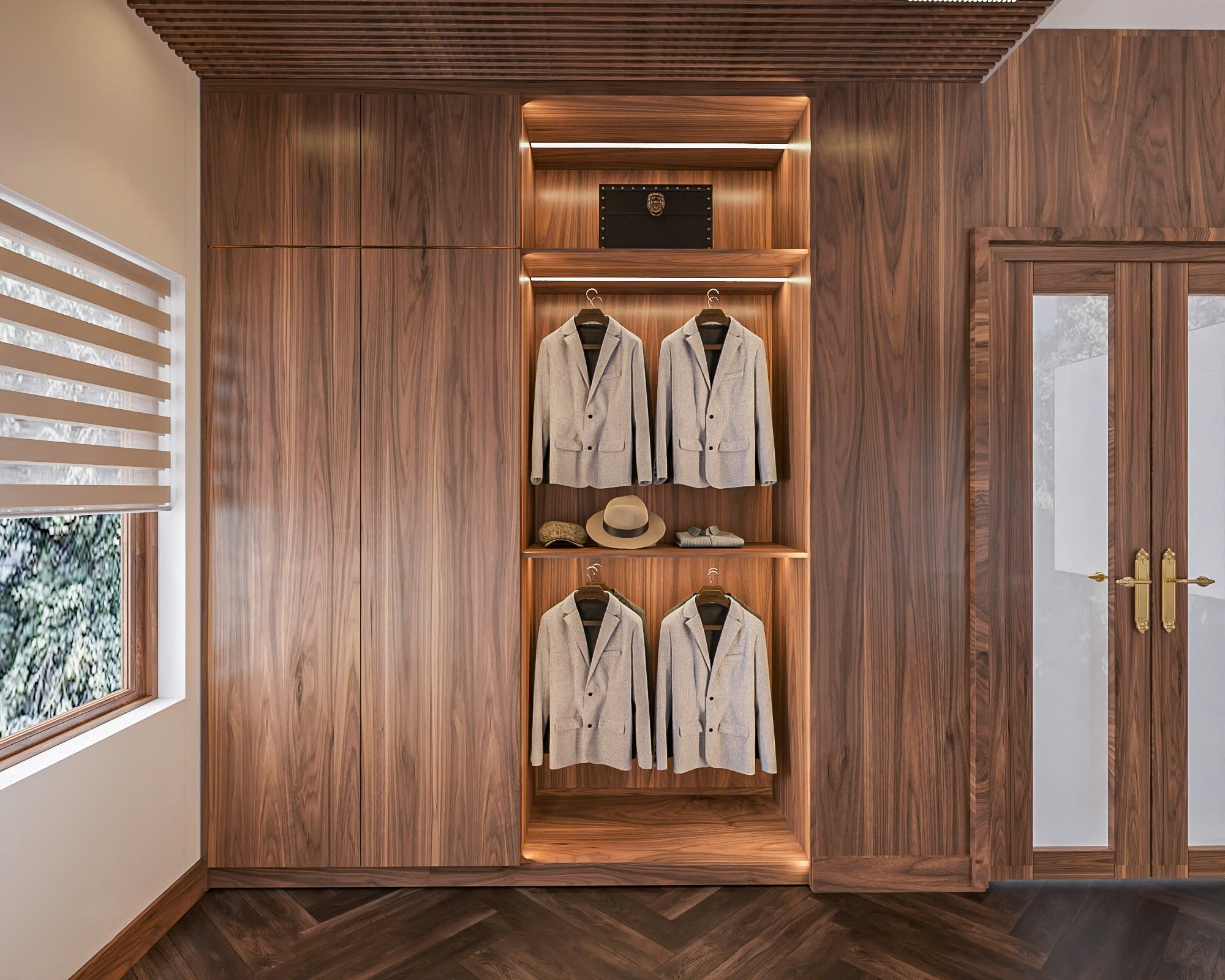 Tủ áo gỗ công nghiệp MDF lõi xanh phủ veneer óc chó hiện đại