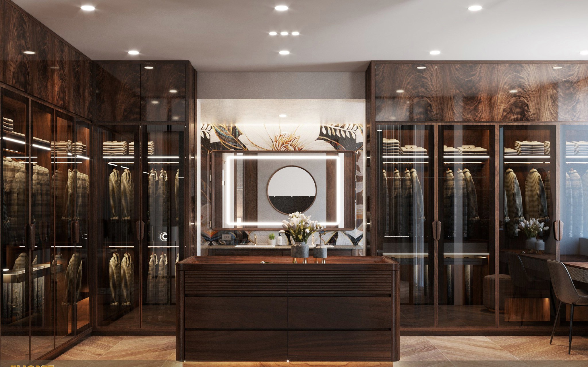 Tủ áo gỗ óc chó âm tường hiện đại