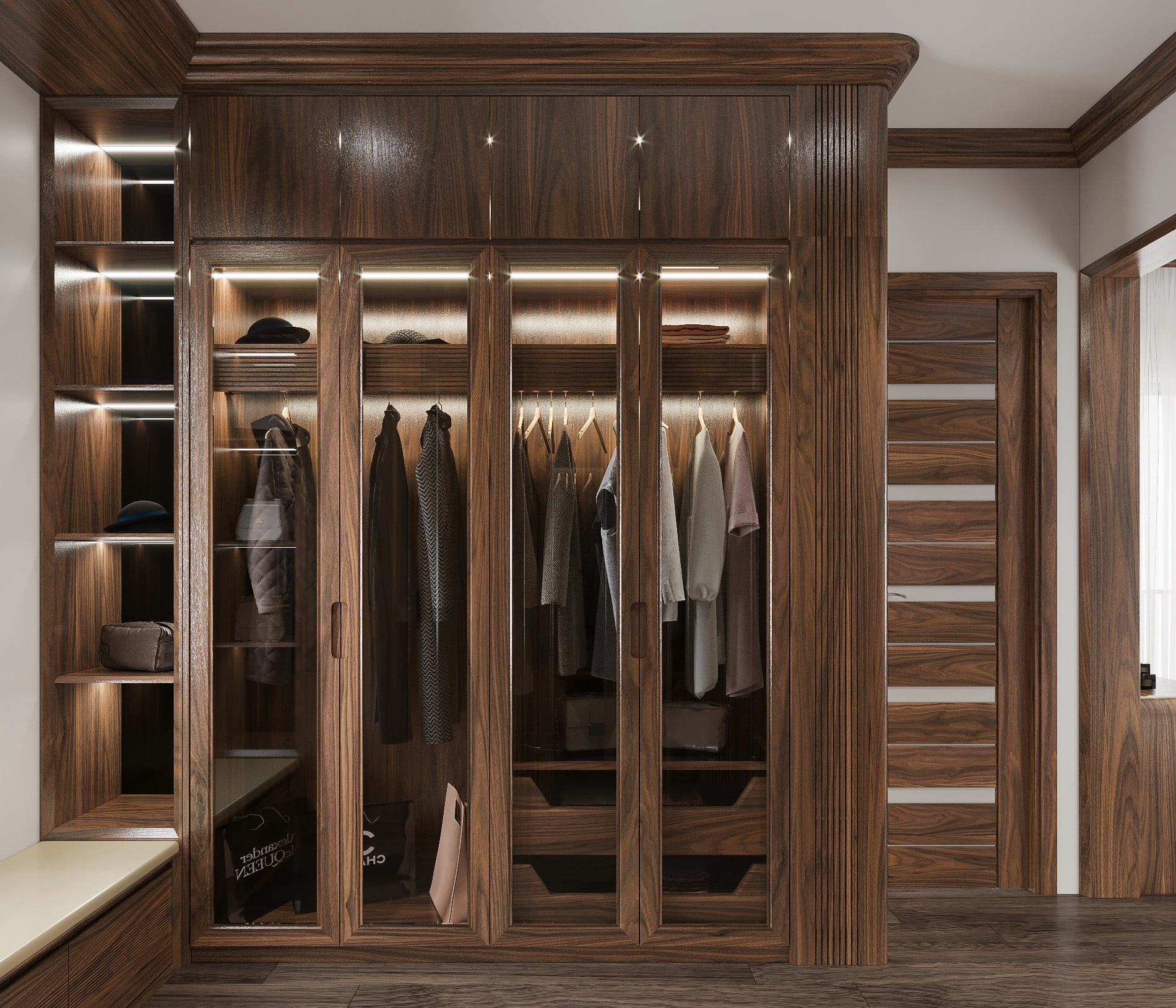 Tủ áo quần gỗ óc chó sang trọng, hiện đại