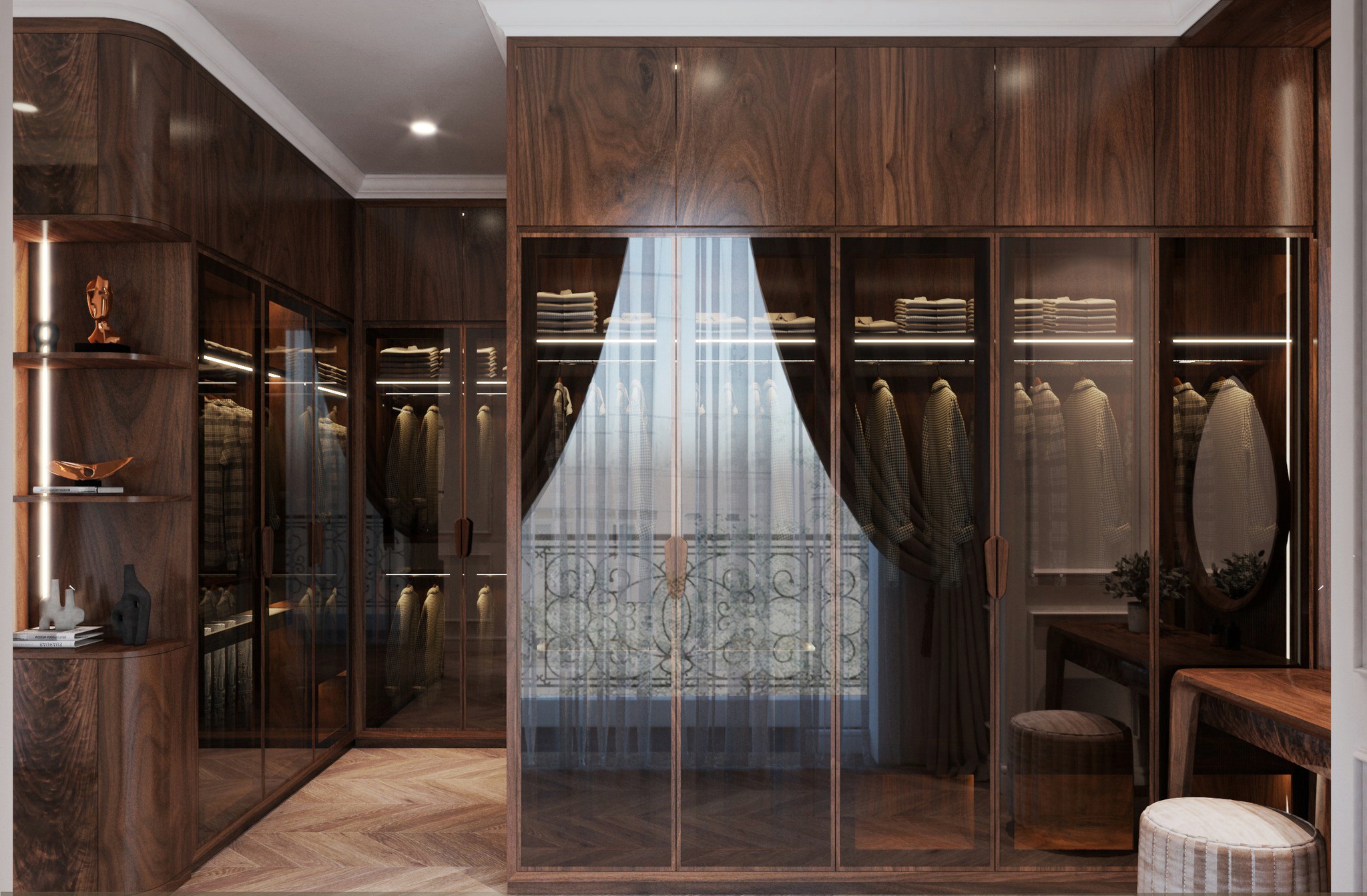 Tủ áo chữ L âm tường gỗ óc chó sang trọng, hiện đại